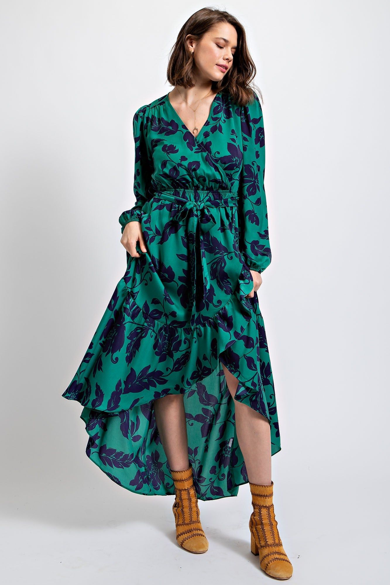 Deep Green Floral Printed Satin Maxi Dress sold by Pinkblush product image thumbnail 2