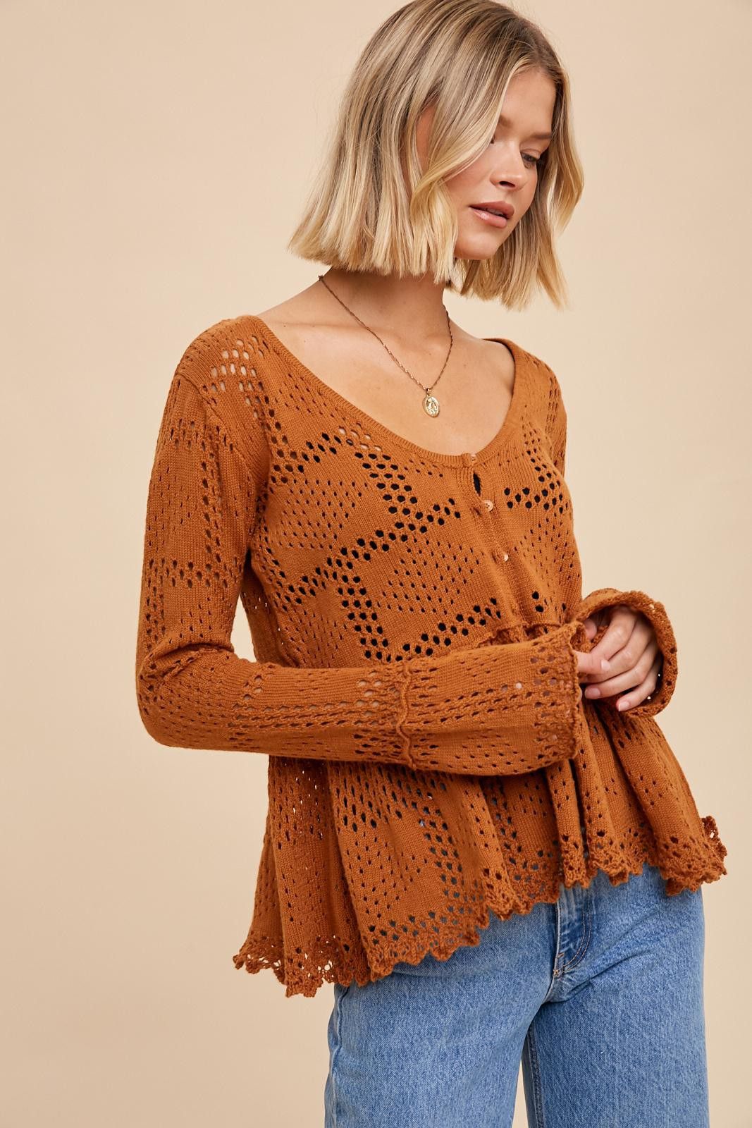 Rust Pointelle Knit Peplum Sweater sold by Pinkblush