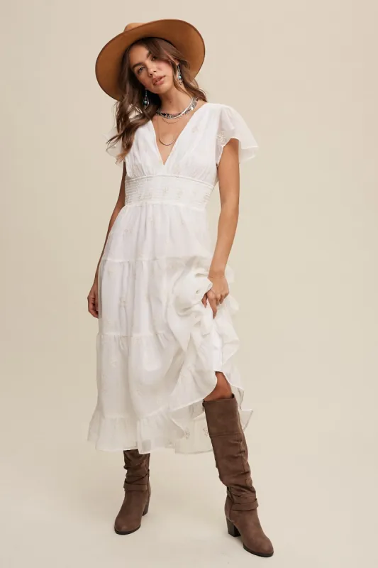 Cream Flower Embroidered V-Neck Tiered Maxi Dress sold by Pinkblush