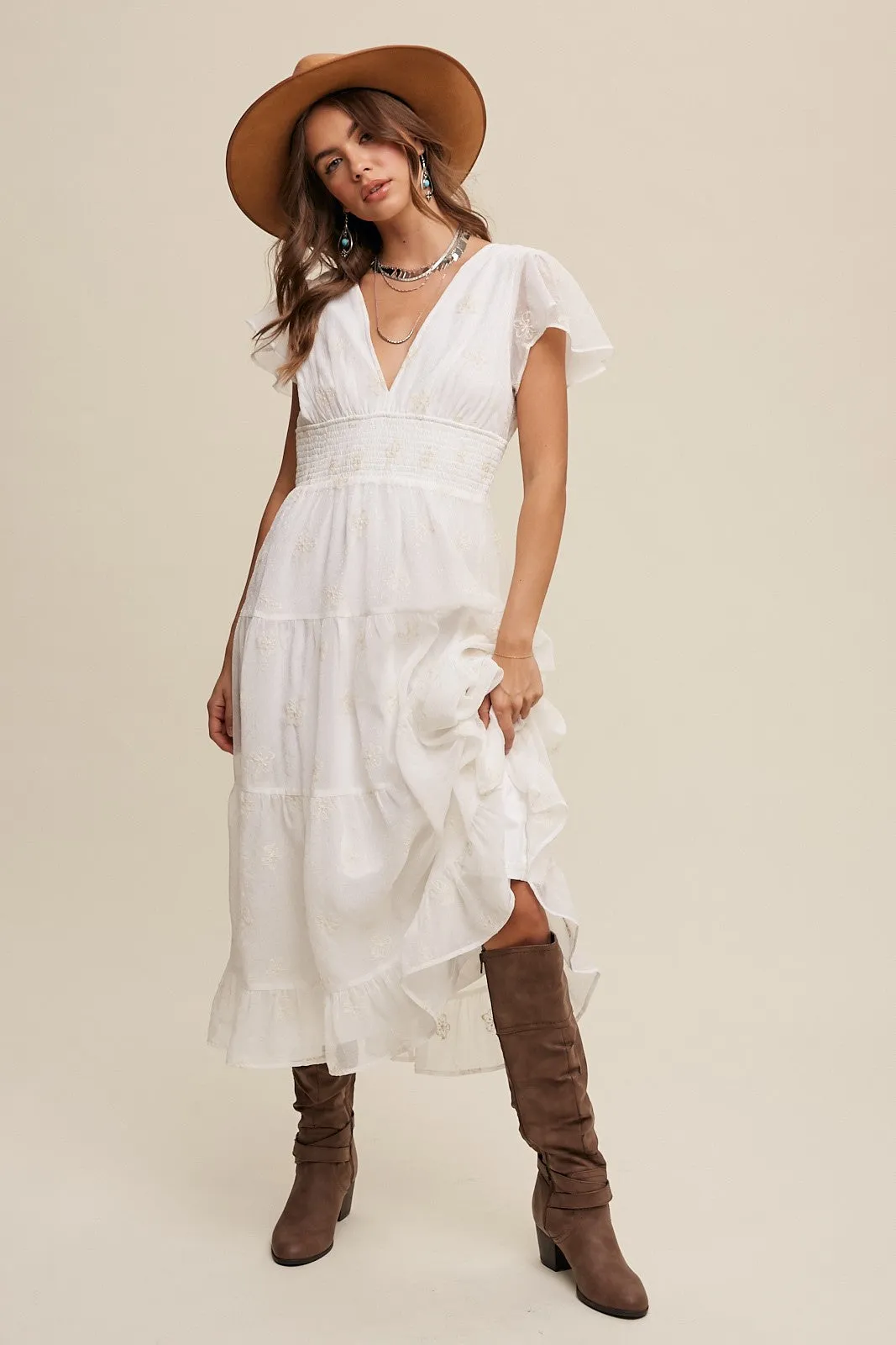 Cream Flower Embroidered V-Neck Tiered Maxi Dress sold by Pinkblush