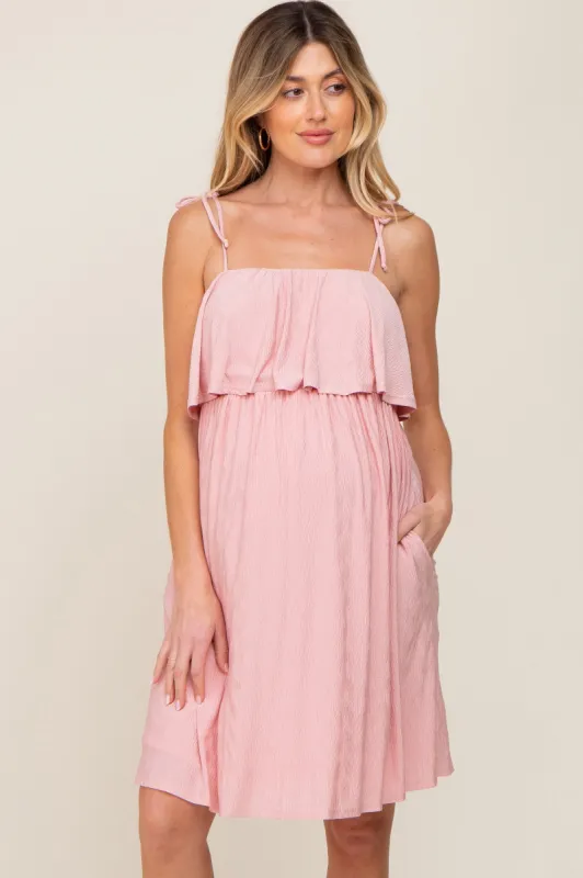 Light Pink Ruffle Overlay Shoulder Tie Maternity Dress sold by Pinkblush