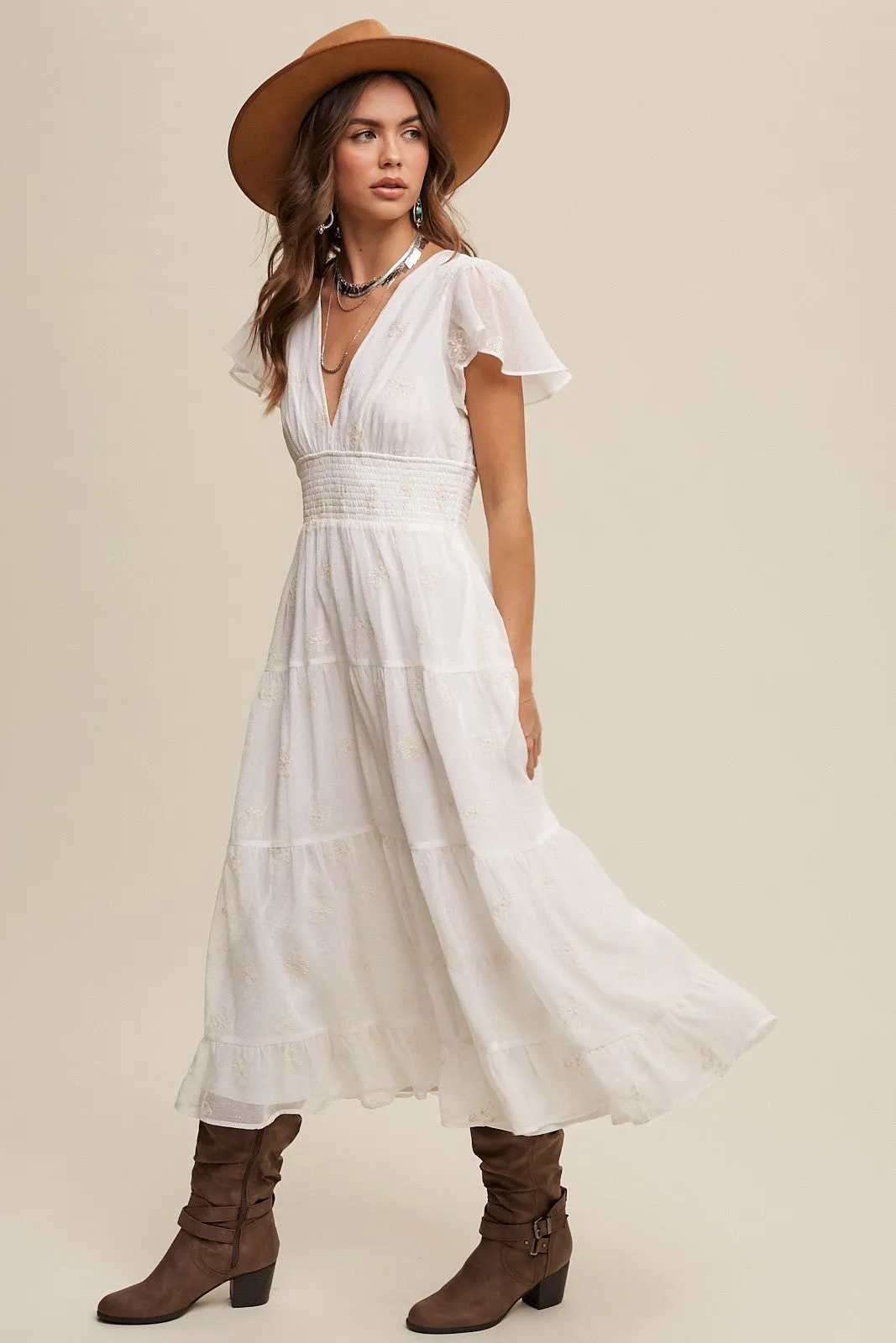 Cream Flower Embroidered V-Neck Tiered Maxi Dress sold by Pinkblush product image thumbnail 2
