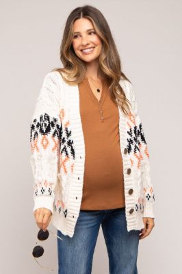 Cream Printed Chunky Cable Knit Maternity Cardigan sold by Pinkblush