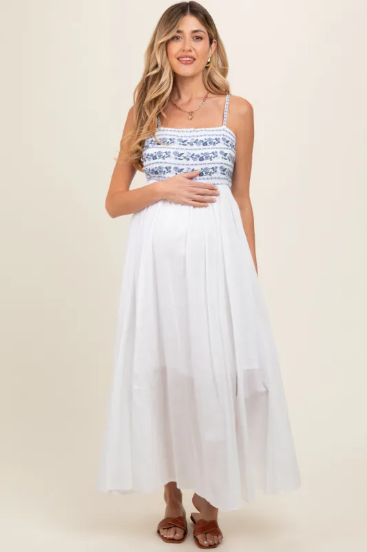 Navy Blue Floral Embroidered Lace-Up Back Maternity Maxi Dress sold by Pinkblush