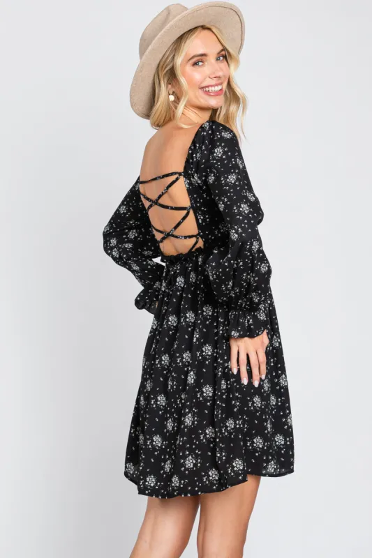 Black Floral Smocked Lace Up Back Dress made by Pinkblush