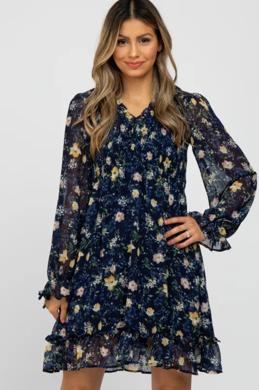 Navy Floral Chiffon Ruffle Accent Dress sold by Pinkblush