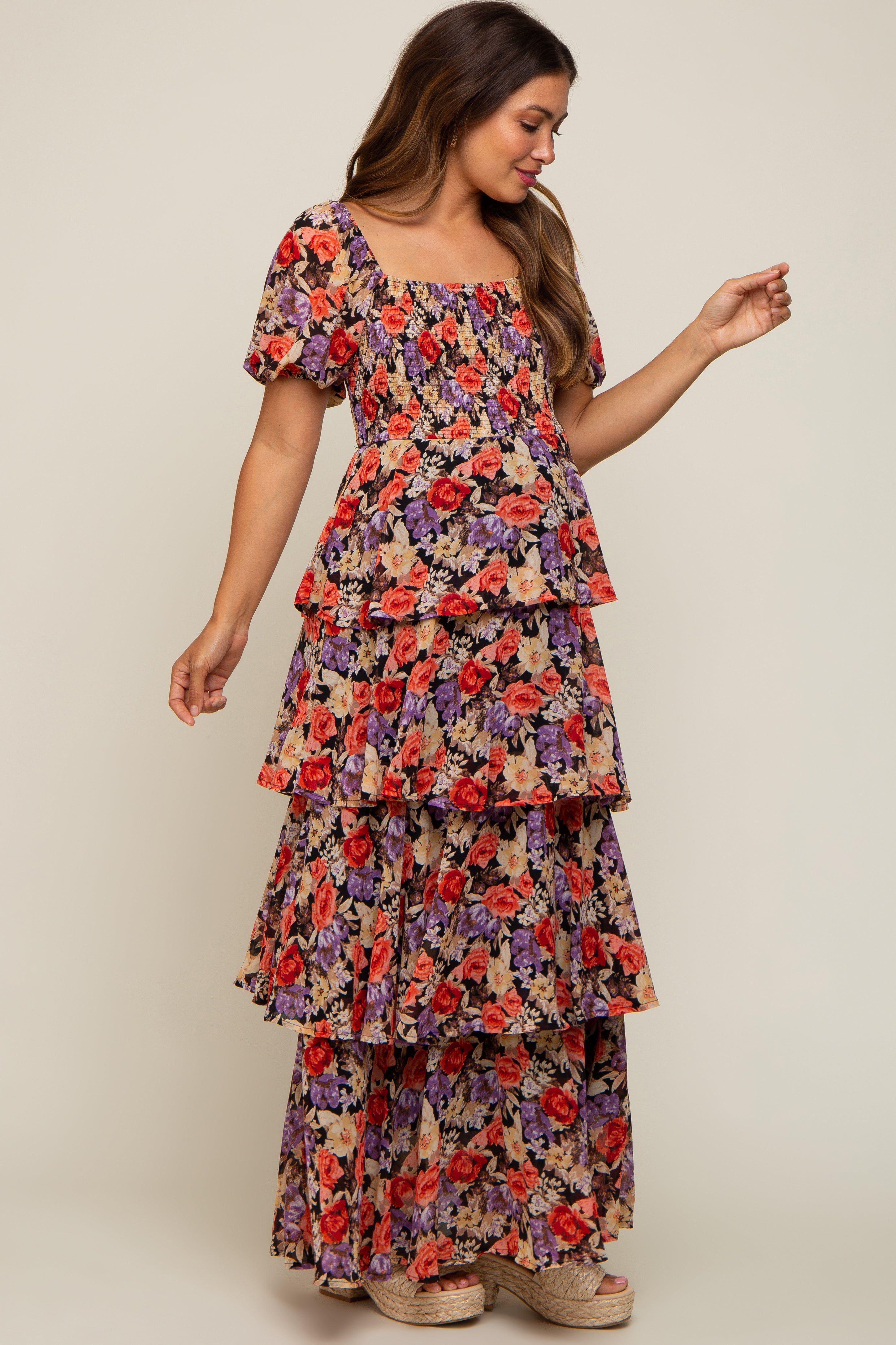 Black Floral Smocked Square Neck Ruffle Layered Maternity Maxi Dress sold by Pinkblush product image thumbnail 2