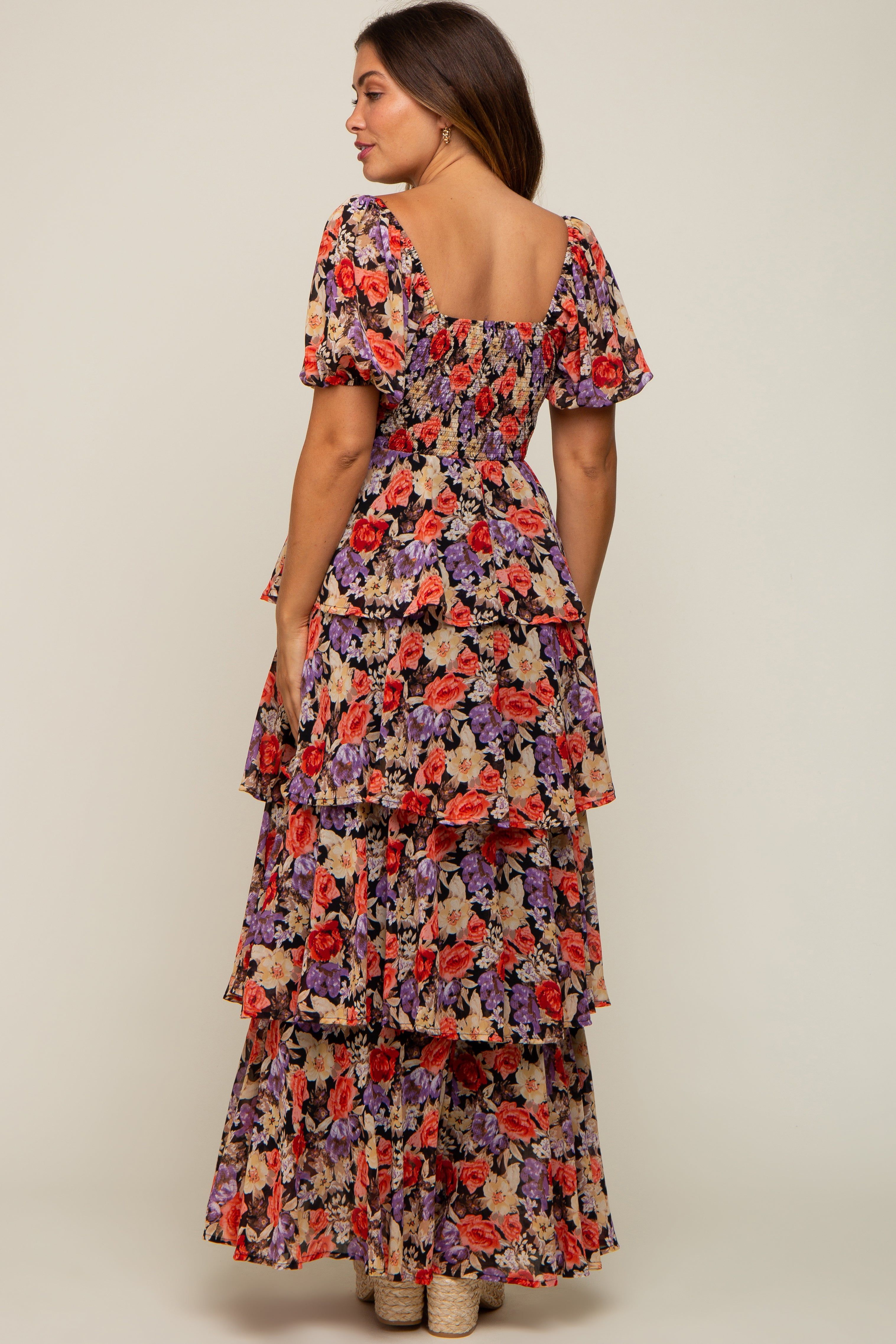 Black Floral Smocked Square Neck Ruffle Layered Maternity Maxi Dress sold by Pinkblush product image thumbnail 3