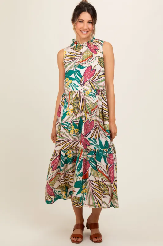 Cream Floral Ruffle Mock Neck Tiered Maternity Midi Dress sold by Pinkblush