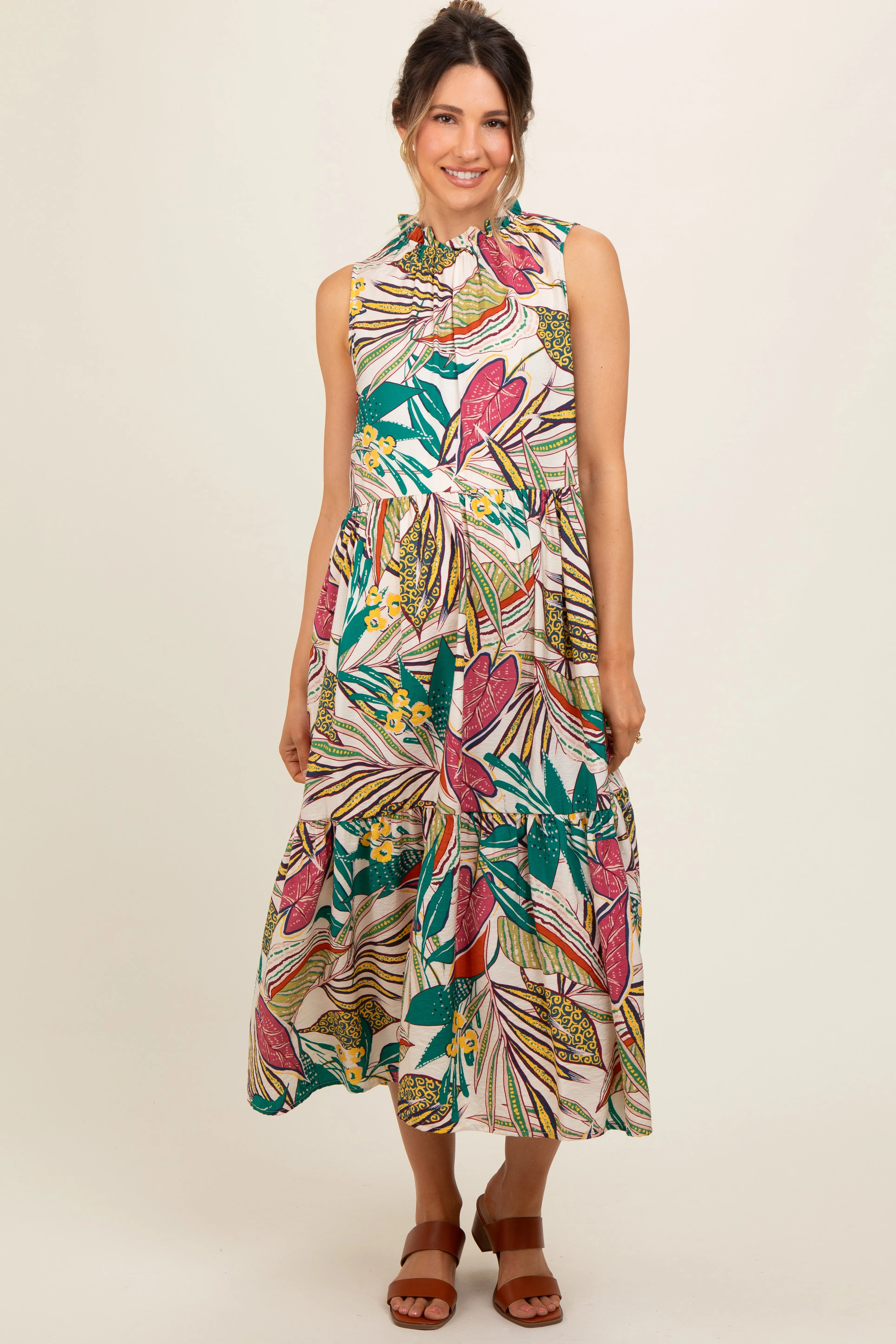 Cream Floral Ruffle Mock Neck Tiered Maternity Midi Dress sold by Pinkblush