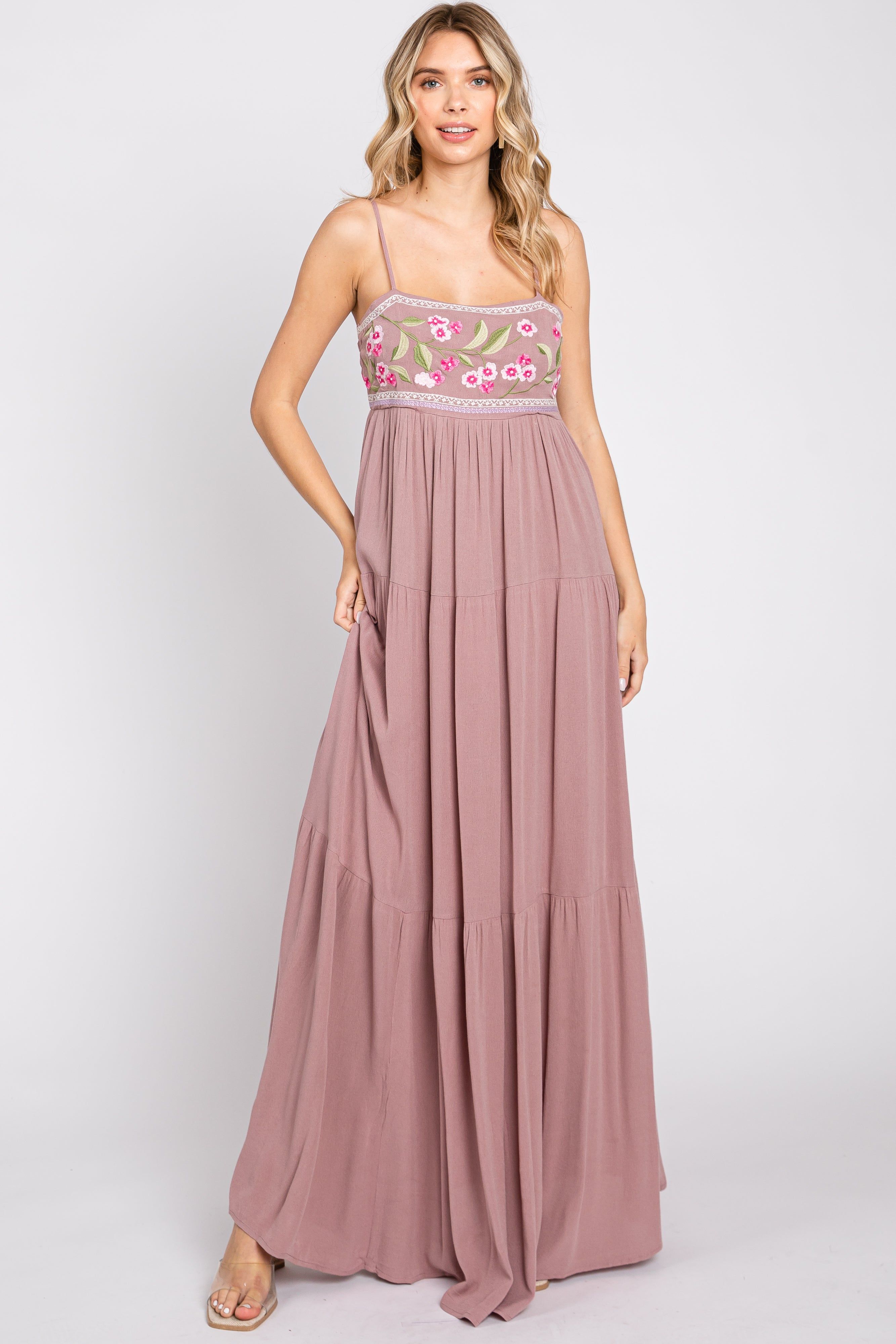 Mauve Floral Embroidery Maxi Dress sold by Pinkblush
