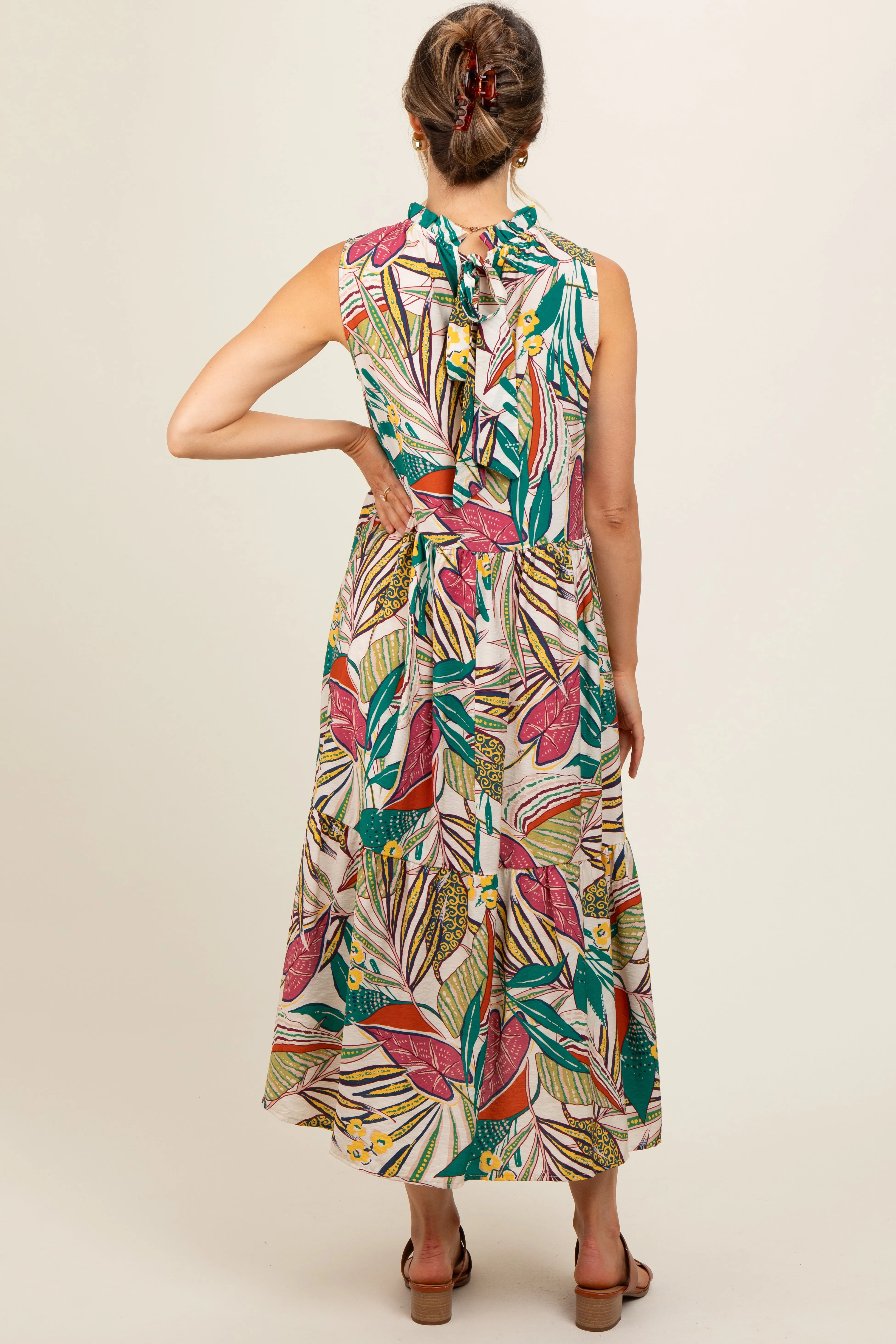 Cream Floral Ruffle Mock Neck Tiered Maternity Midi Dress sold by Pinkblush product image thumbnail 2