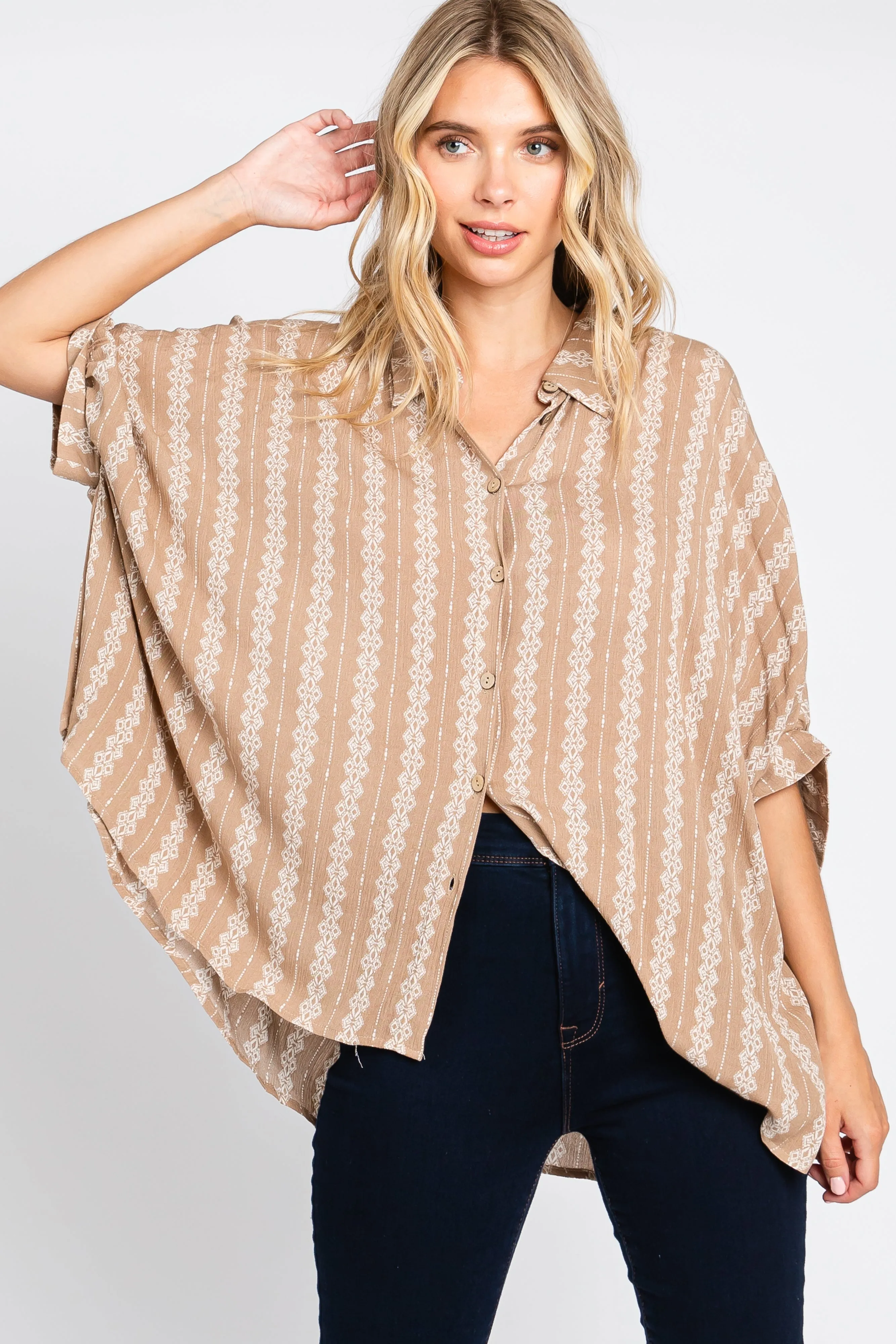 Taupe Printed Button Up Top sold by Pinkblush