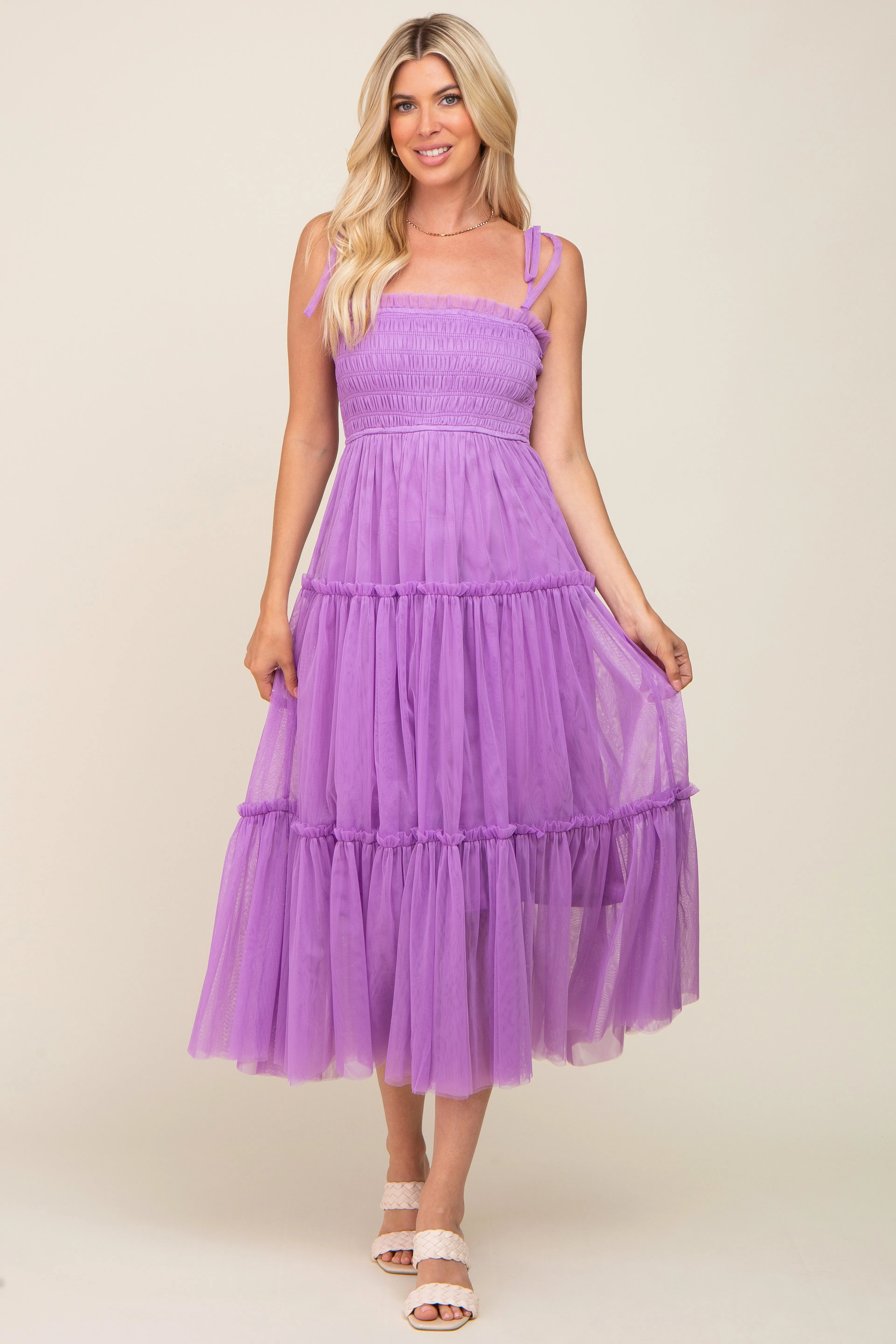 Lavender Smocked Mesh Midi Dress sold by Pinkblush product image thumbnail 4