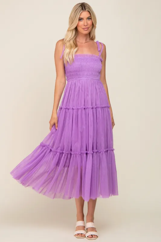Lavender Smocked Mesh Midi Dress sold by Pinkblush
