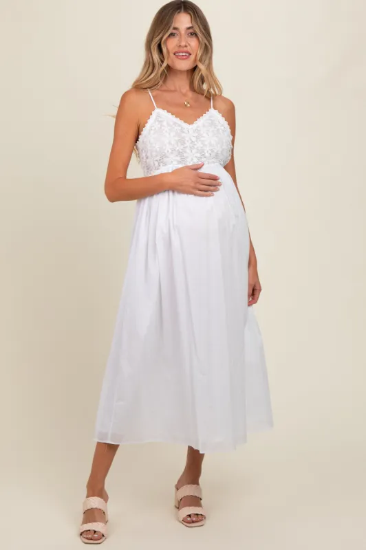 White Floral Crochet Contrast Maternity Midi Dress sold by Pinkblush