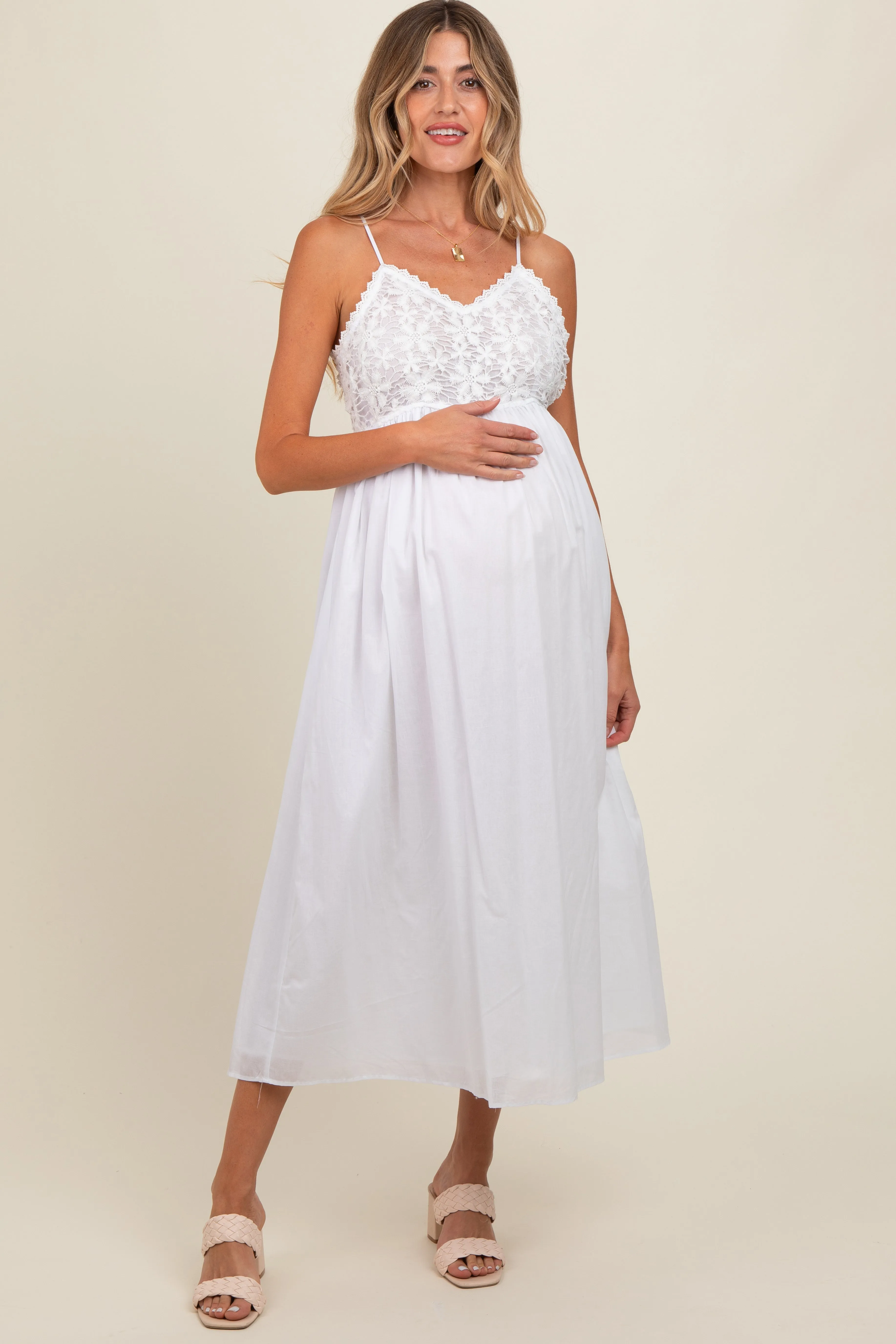 White Floral Crochet Contrast Maternity Midi Dress sold by Pinkblush