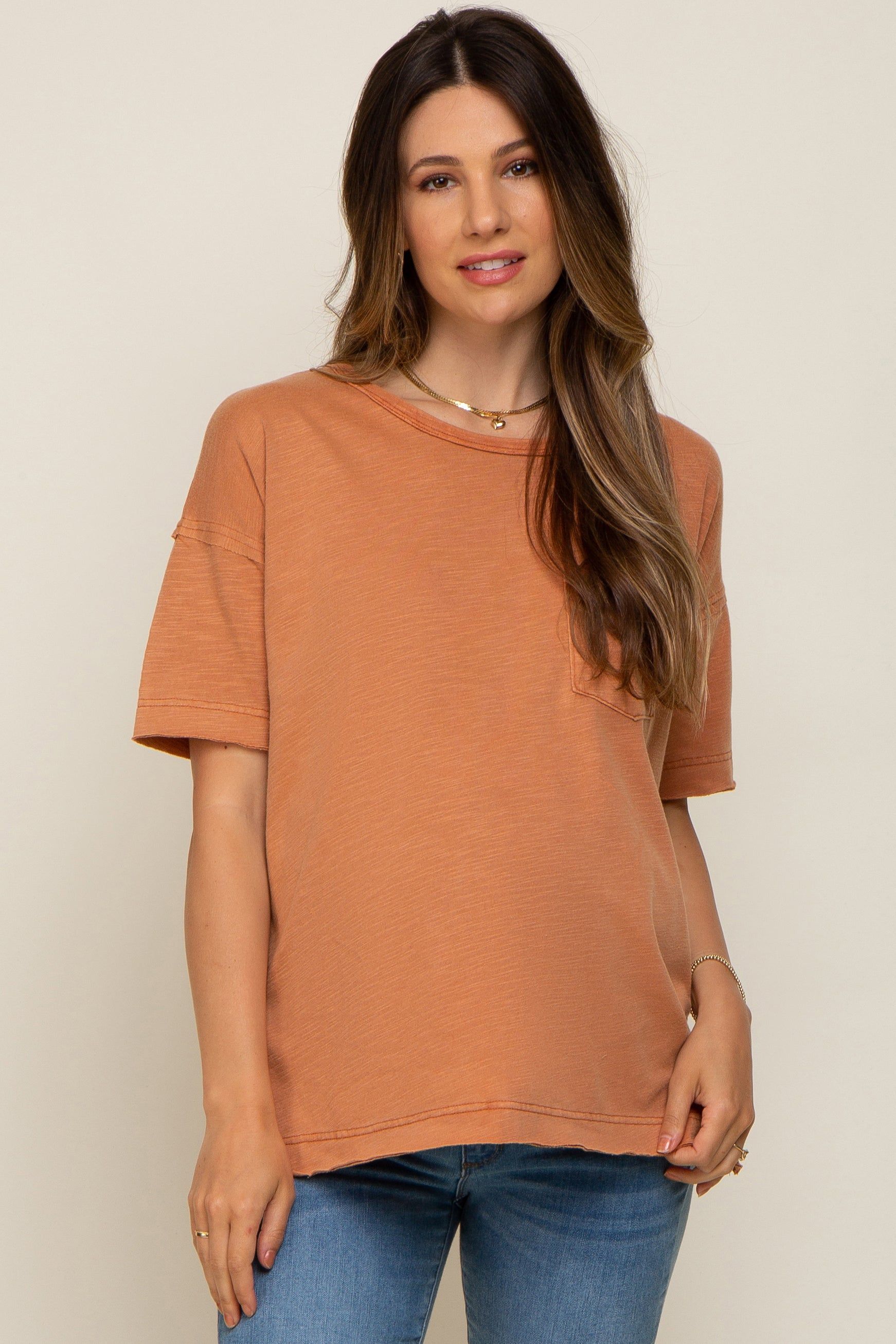 Rust Raw Hem Front Pocket Maternity T-Shirt sold by Pinkblush