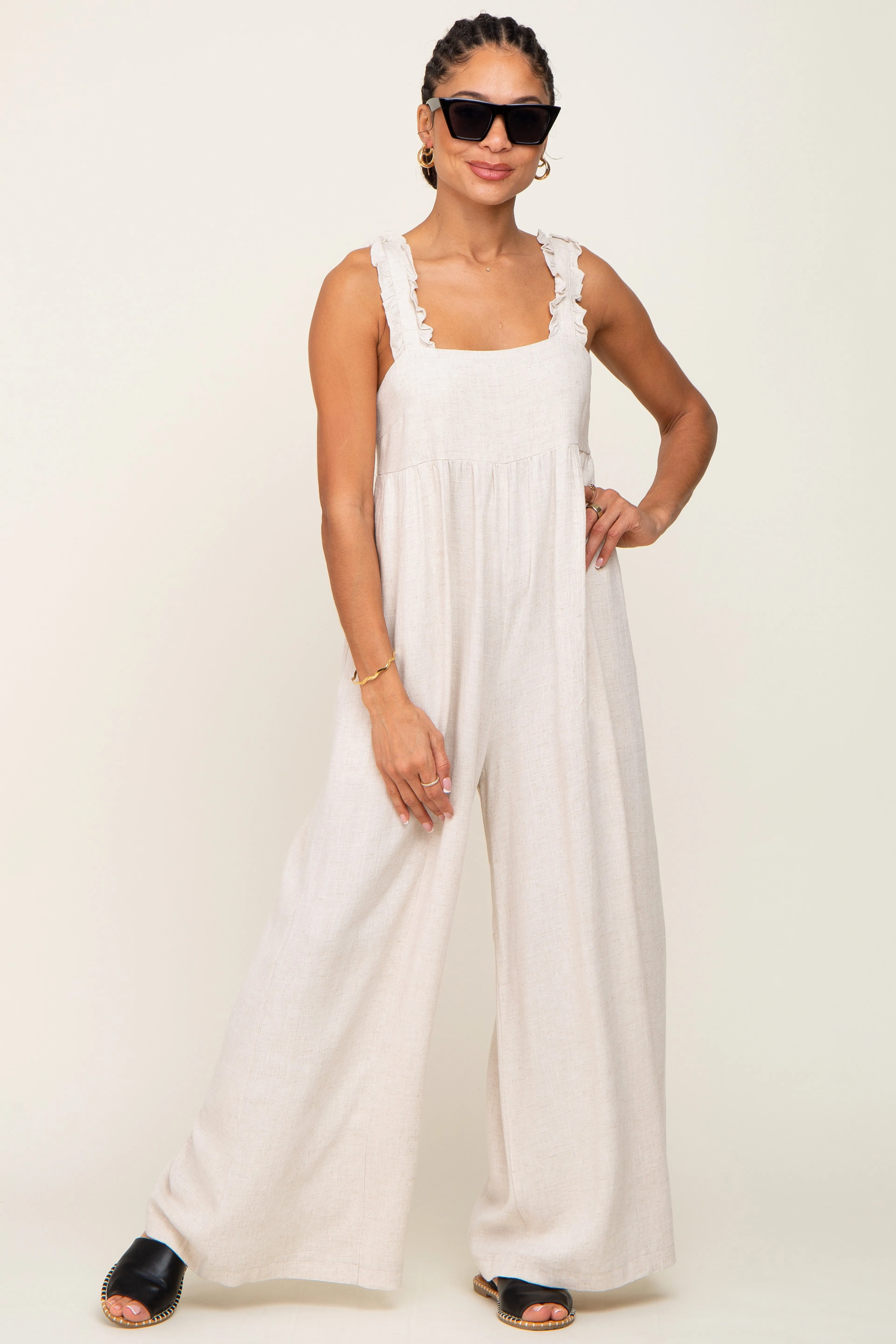 Beige Ruffle Trim Back Tie Jumpsuit sold by Pinkblush product image thumbnail 4