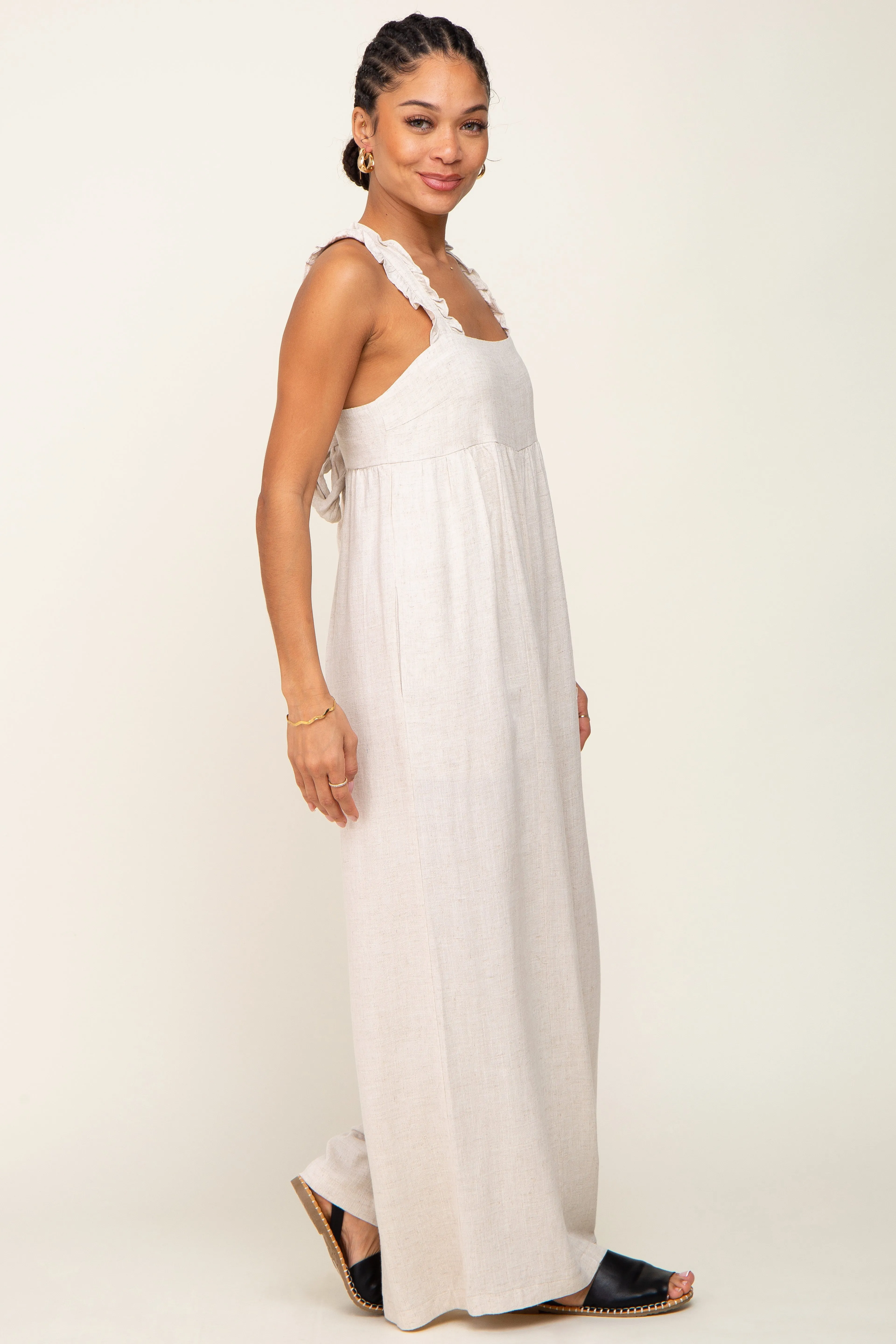 Beige Ruffle Trim Back Tie Jumpsuit sold by Pinkblush product image thumbnail 2