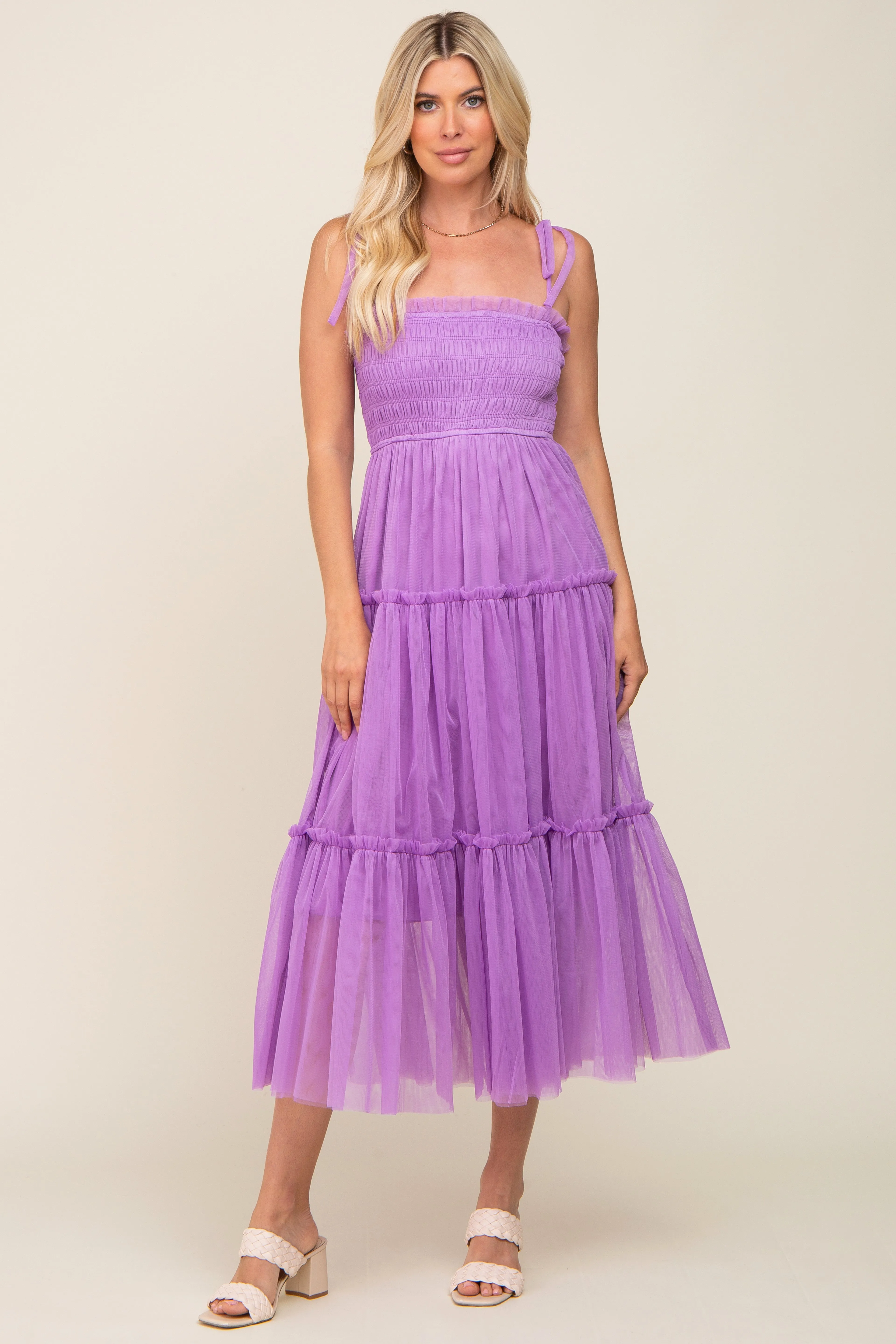 Lavender Smocked Mesh Midi Dress sold by Pinkblush product image thumbnail 5