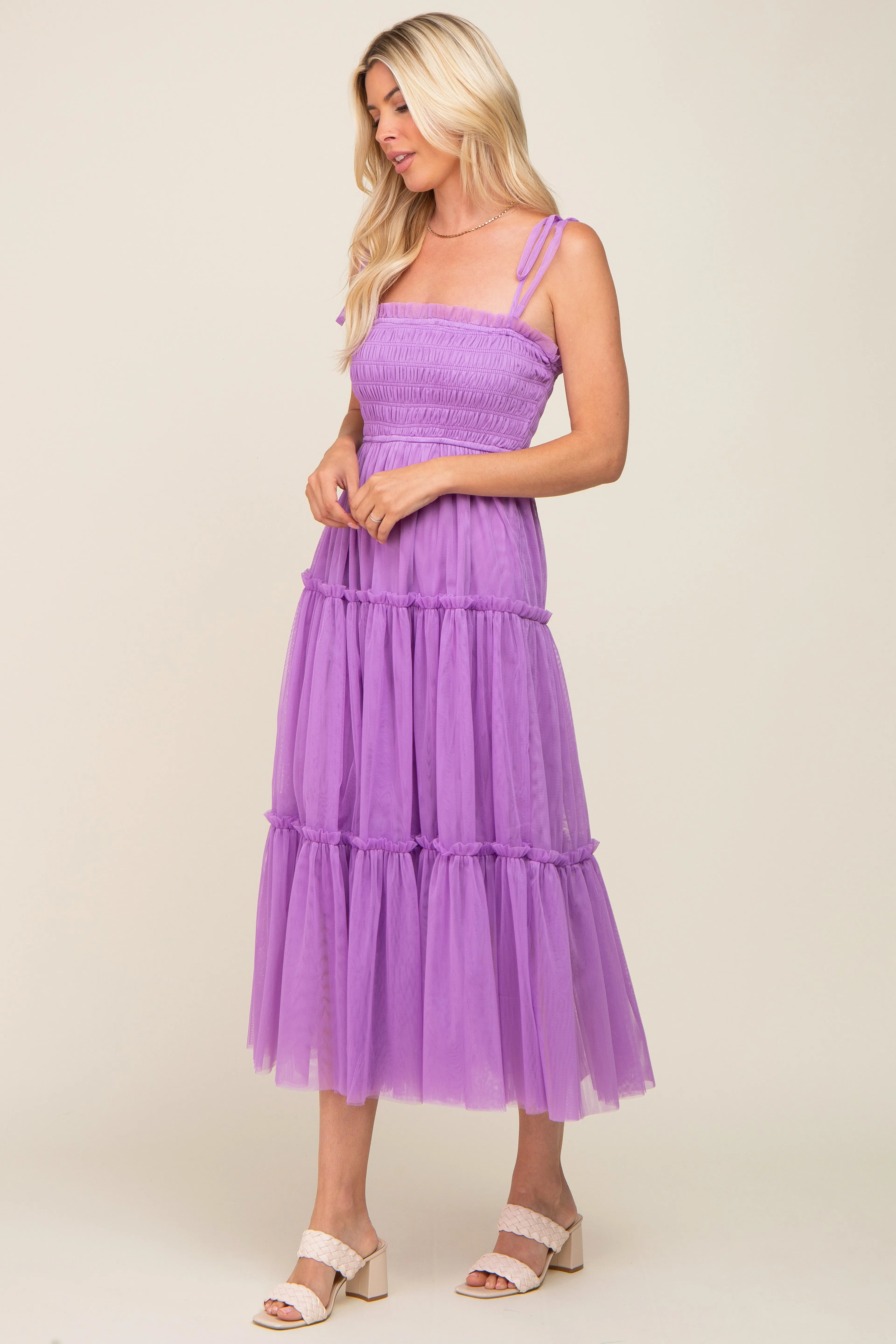 Lavender Smocked Mesh Midi Dress sold by Pinkblush product image thumbnail 2
