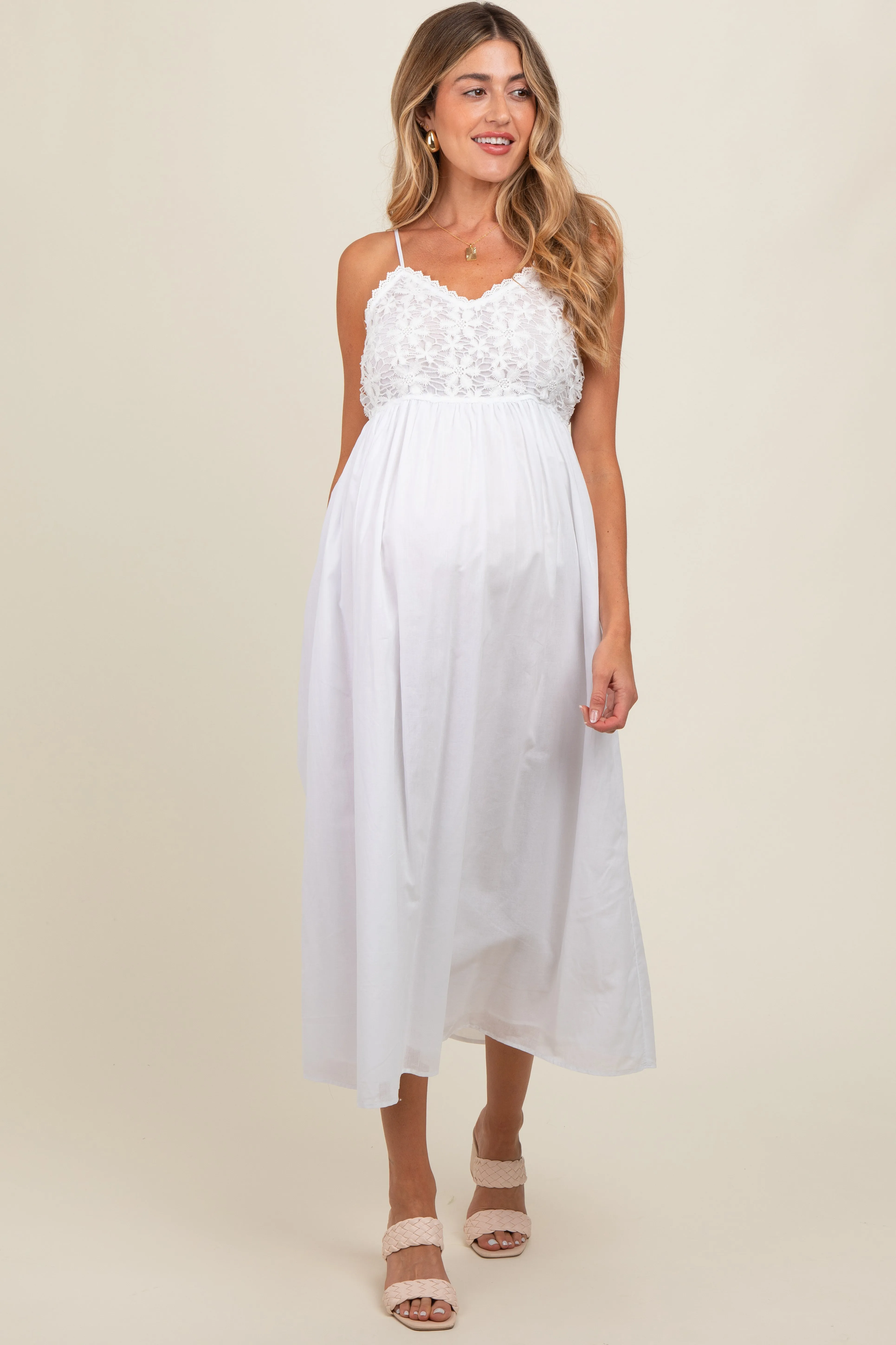 White Floral Crochet Contrast Maternity Midi Dress sold by Pinkblush product image thumbnail 2