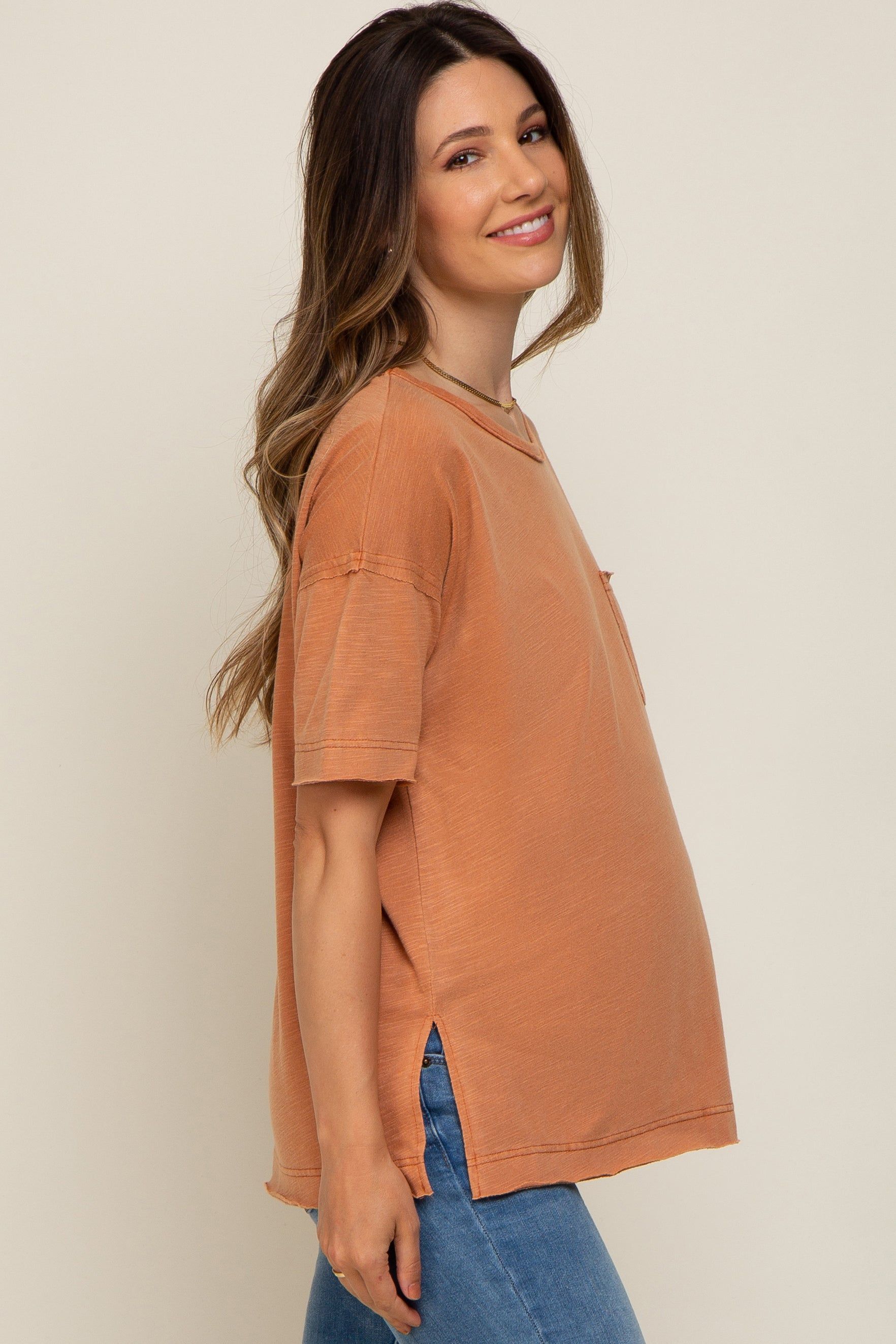 Rust Raw Hem Front Pocket Maternity T-Shirt sold by Pinkblush product image thumbnail 2