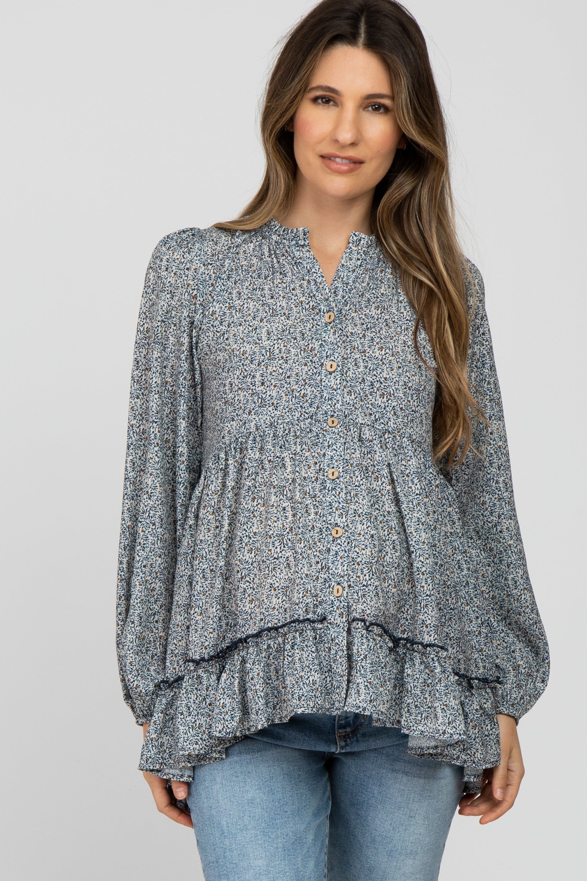 Teal Floral Ruffle Long Sleeve Maternity Blouse sold by Pinkblush