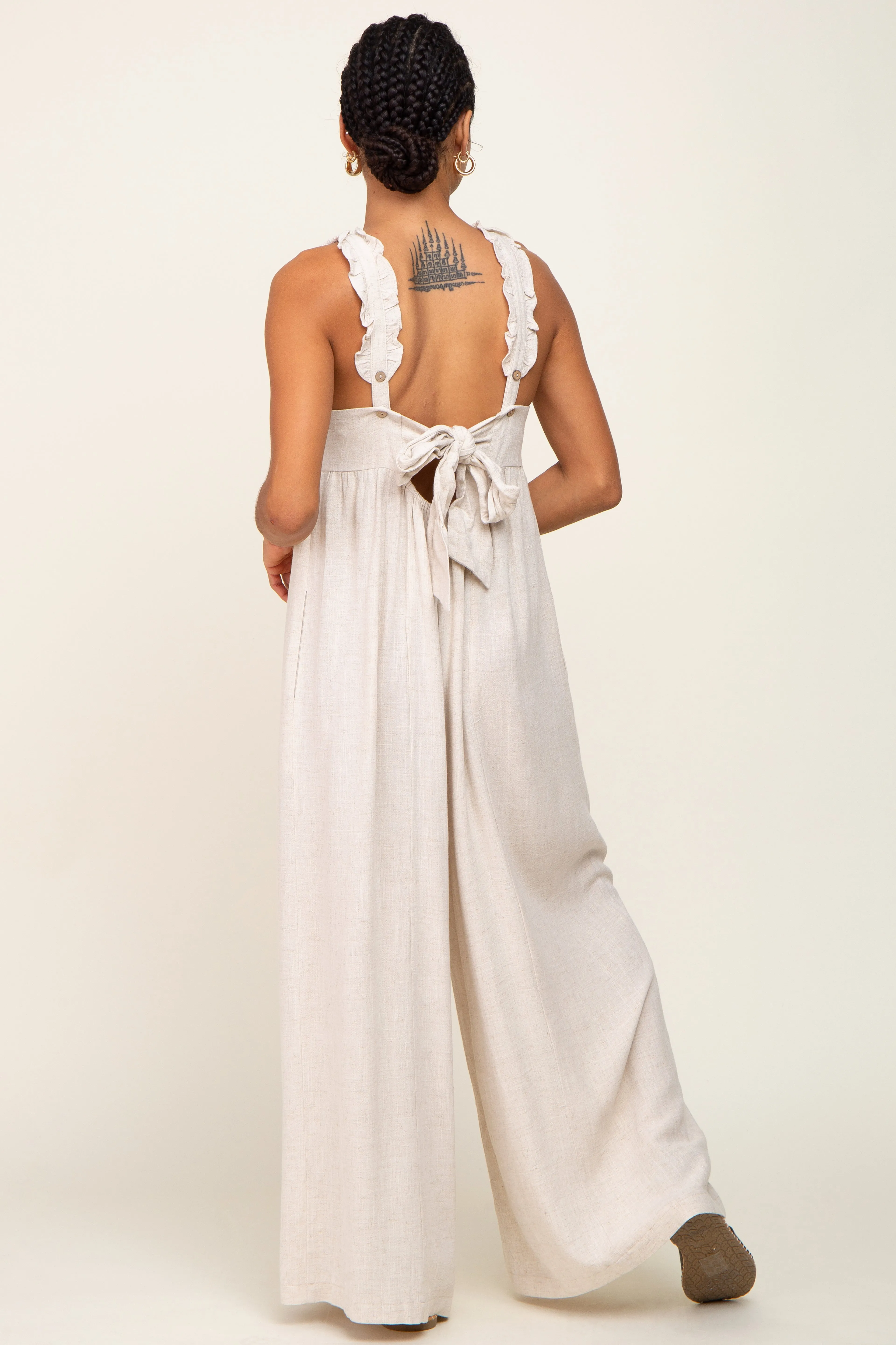 Beige Ruffle Trim Back Tie Jumpsuit sold by Pinkblush product image thumbnail 3