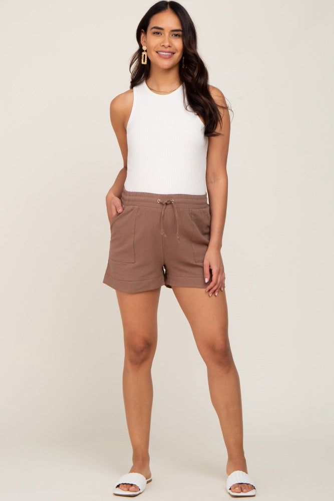 Mocha Drawstring Maternity Shorts sold by Pinkblush