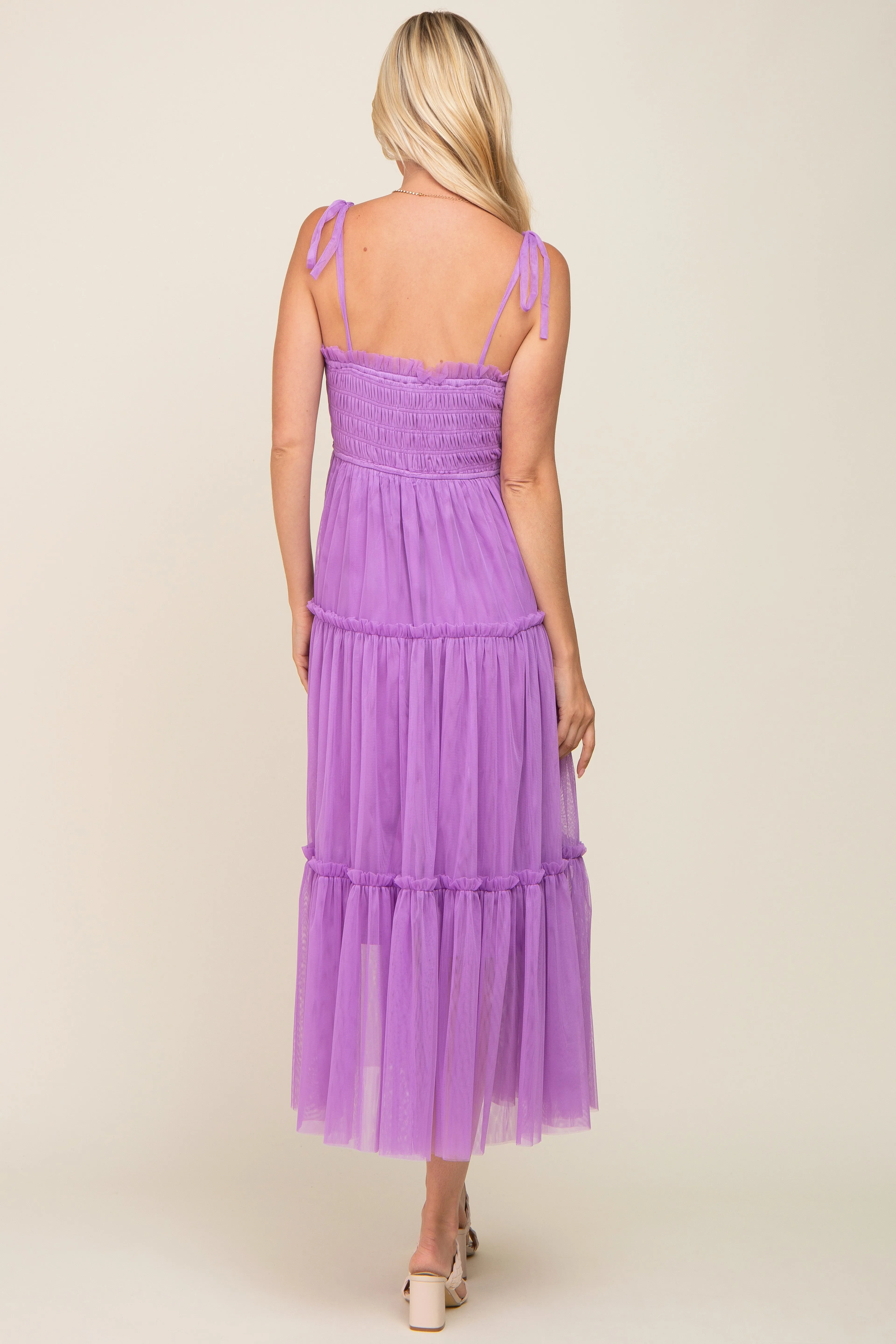 Lavender Smocked Mesh Midi Dress sold by Pinkblush product image thumbnail 3