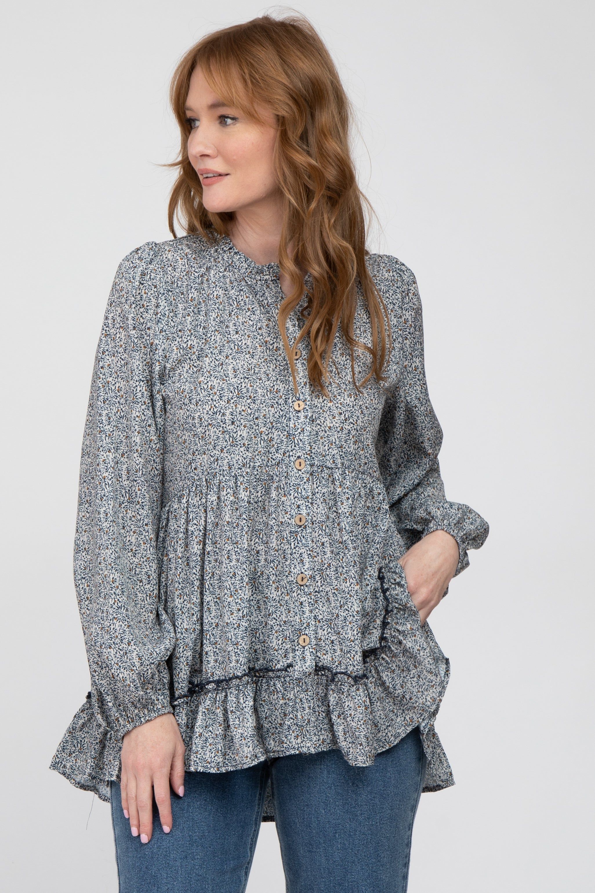 Teal Floral Ruffle Long Sleeve Maternity Blouse sold by Pinkblush product image thumbnail 5