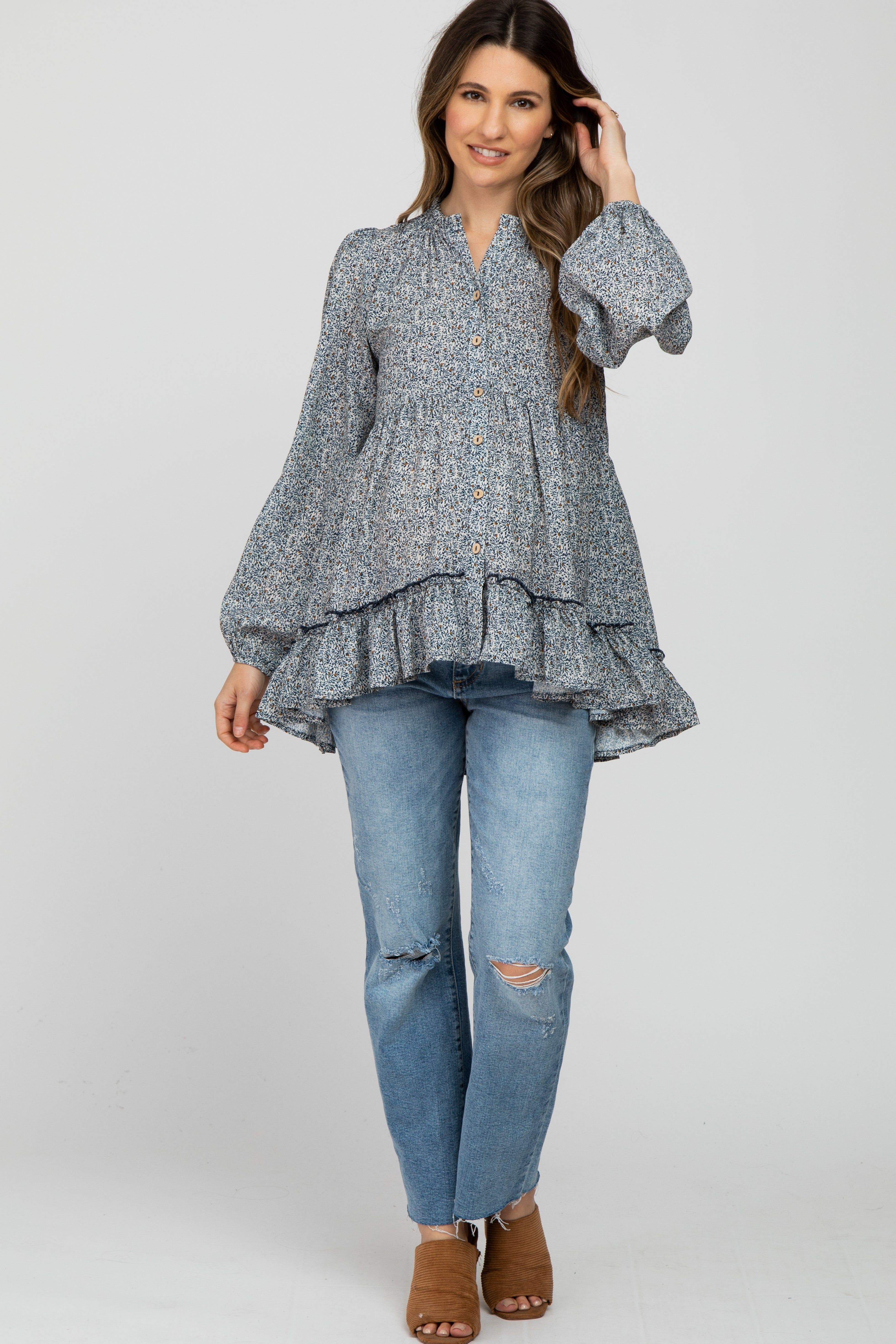 Teal Floral Ruffle Long Sleeve Maternity Blouse sold by Pinkblush product image thumbnail 2