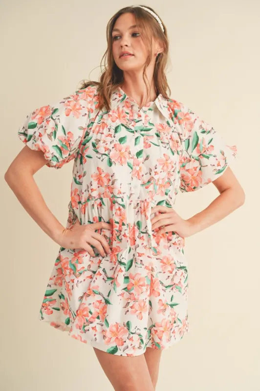 Coral Multi Floral Button Down Babydoll Mini Dress sold by Pinkblush