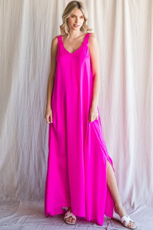 Fuchsia Satin Side Slit Maxi Dress sold by Pinkblush