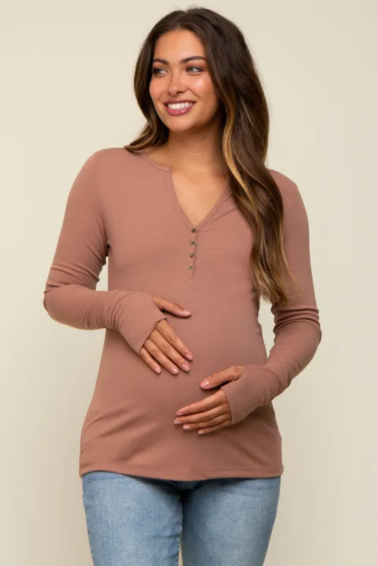 Taupe Button Front Long Sleeve Maternity Top sold by Pinkblush