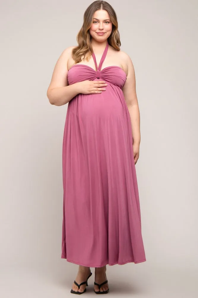 Mauve Front Knot Halter Maternity Plus Maxi Dress sold by Pinkblush