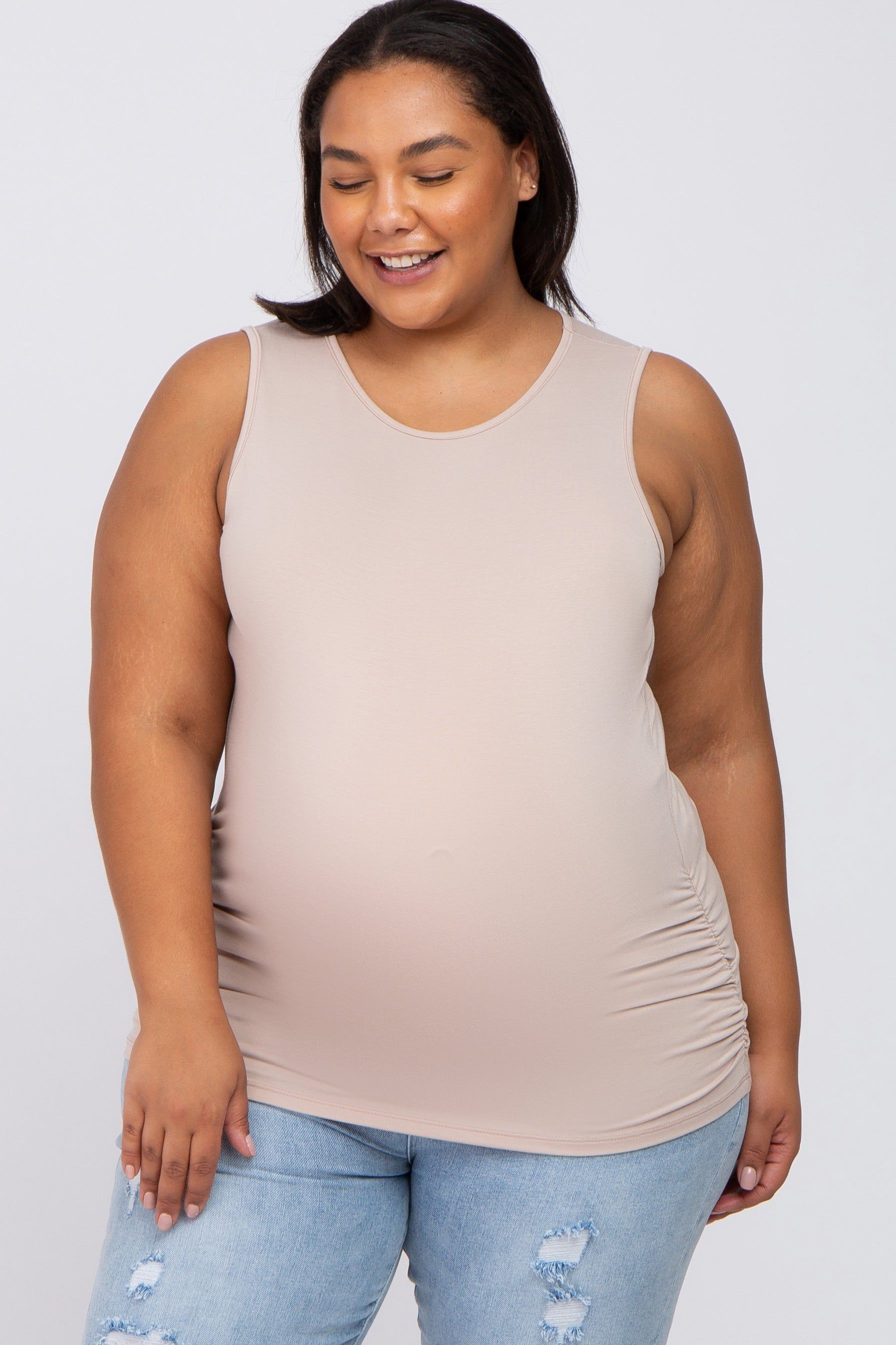 Taupe Ruched Side Plus Maternity Tank sold by Pinkblush