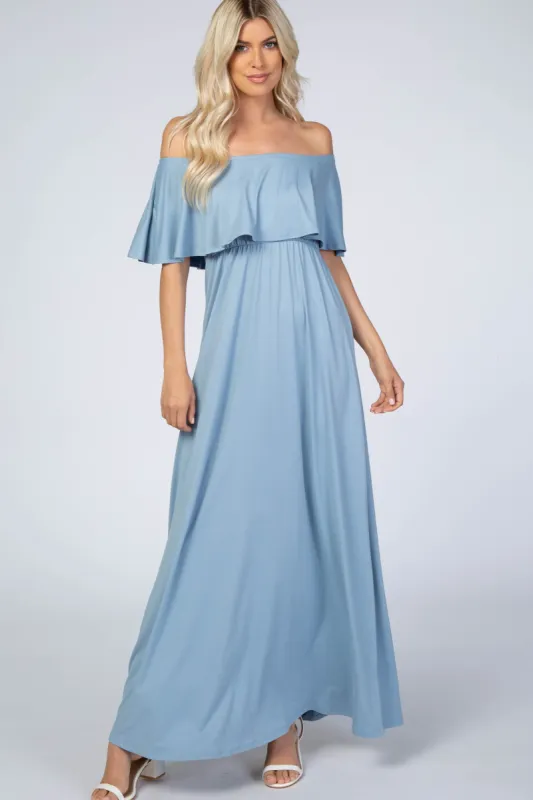 Light Blue Off Shoulder Maxi Dress sold by Pinkblush
