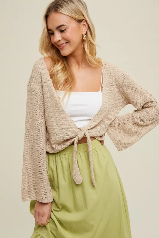 Taupe Open Knit Sweater Self-Tie Cardigan sold by Pinkblush