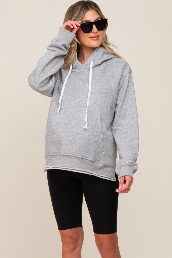 Heather Grey Raw Edge Trim Maternity Drawstring Hoodie sold by Pinkblush product image thumbnail 2