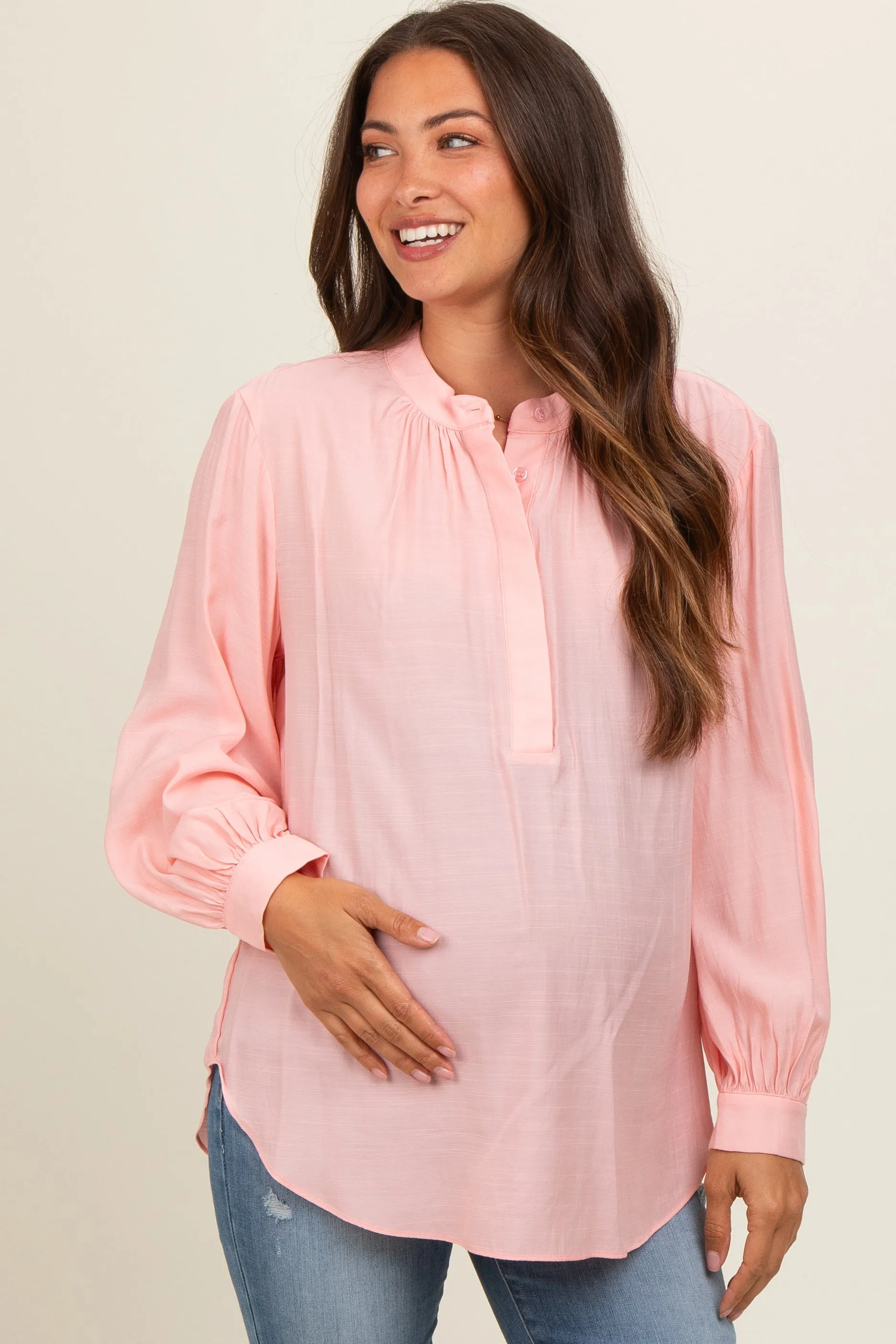 Peach Button Front Long Puff Sleeve Maternity Top sold by Pinkblush