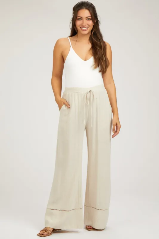 Beige Linen Wide Leg Lace Trim Maternity Pants sold by Pinkblush