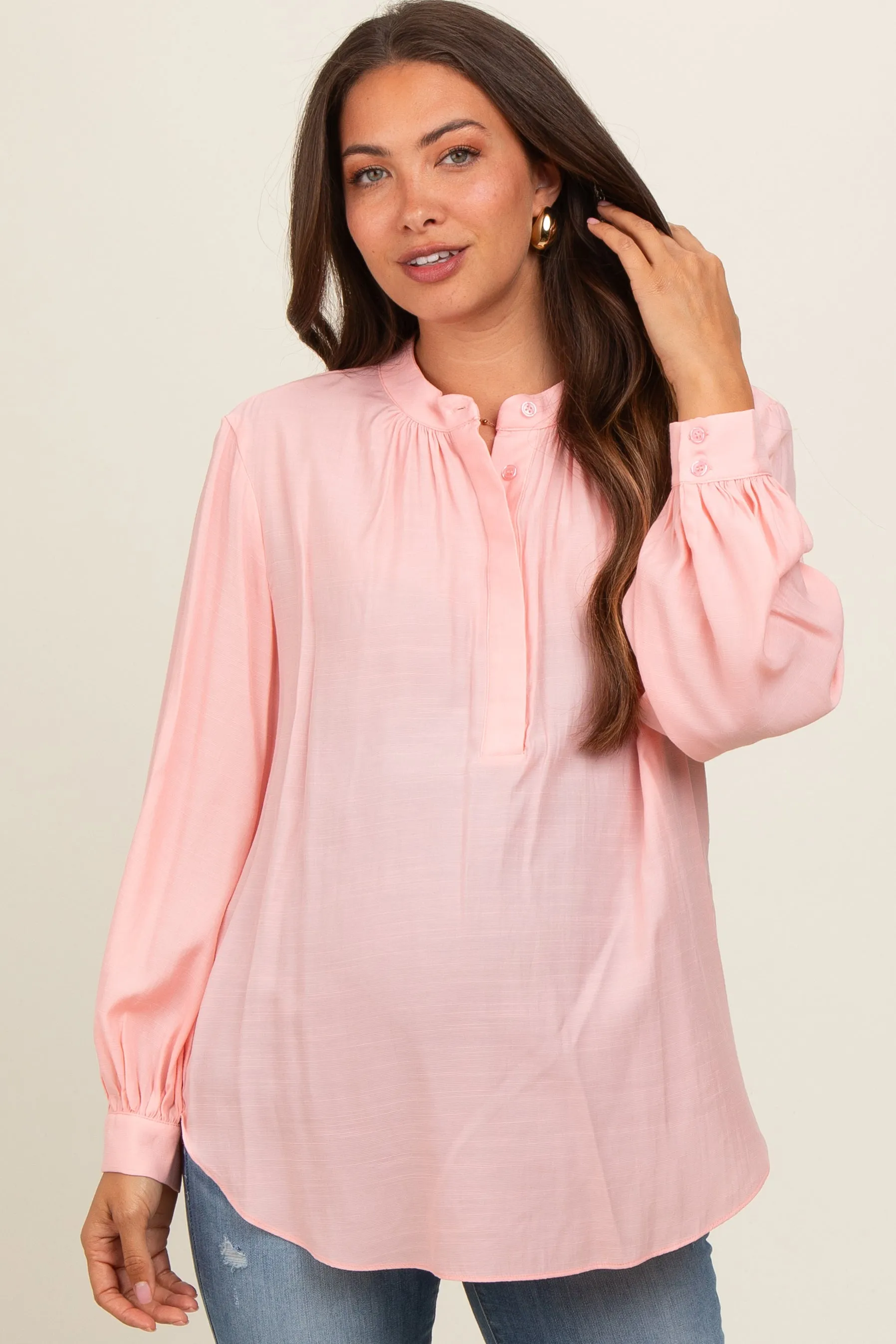 Peach Button Front Long Puff Sleeve Maternity Top sold by Pinkblush product image thumbnail 2
