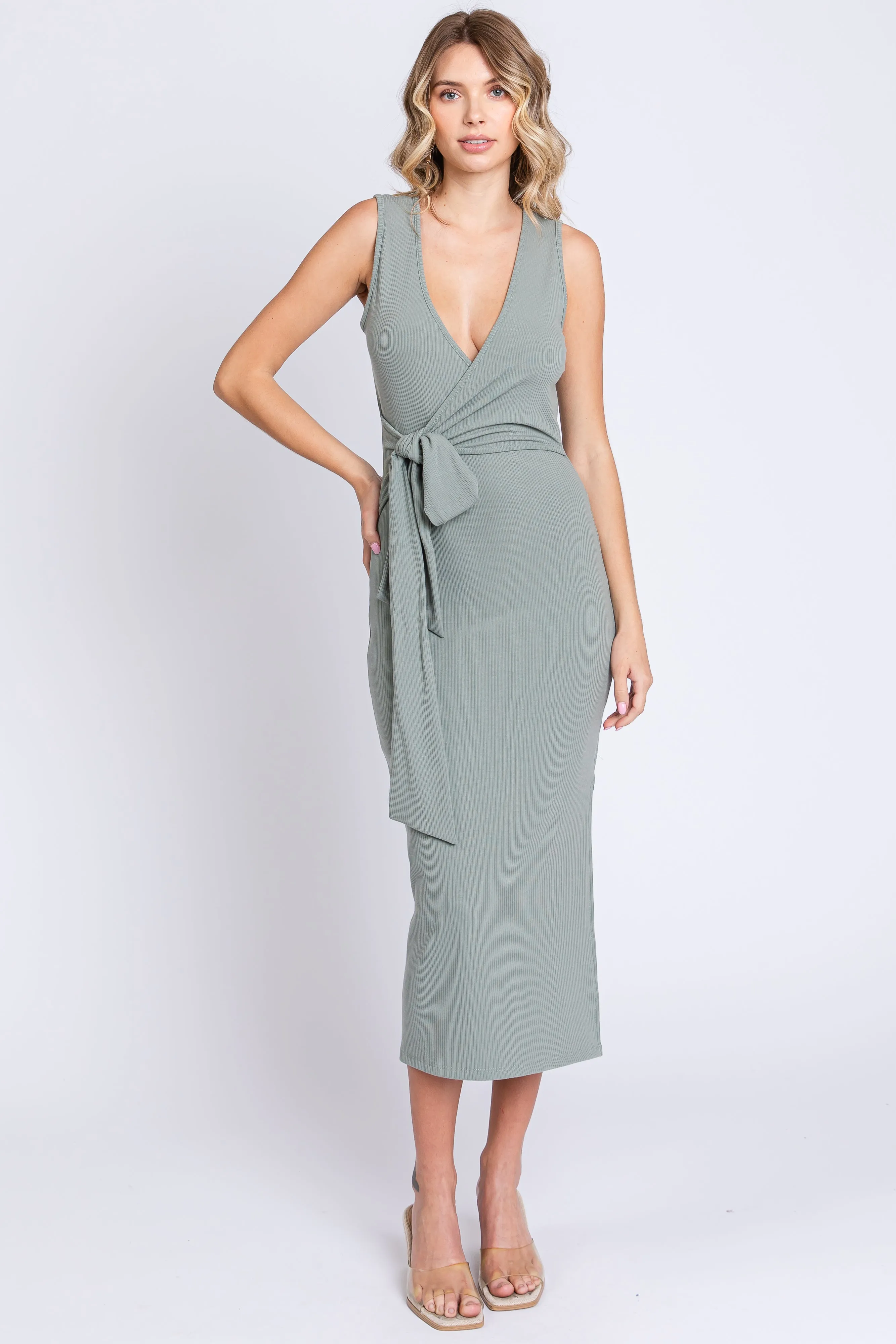 Sage Rib Knit Side Tie Midi Dress sold by Pinkblush product image thumbnail 2