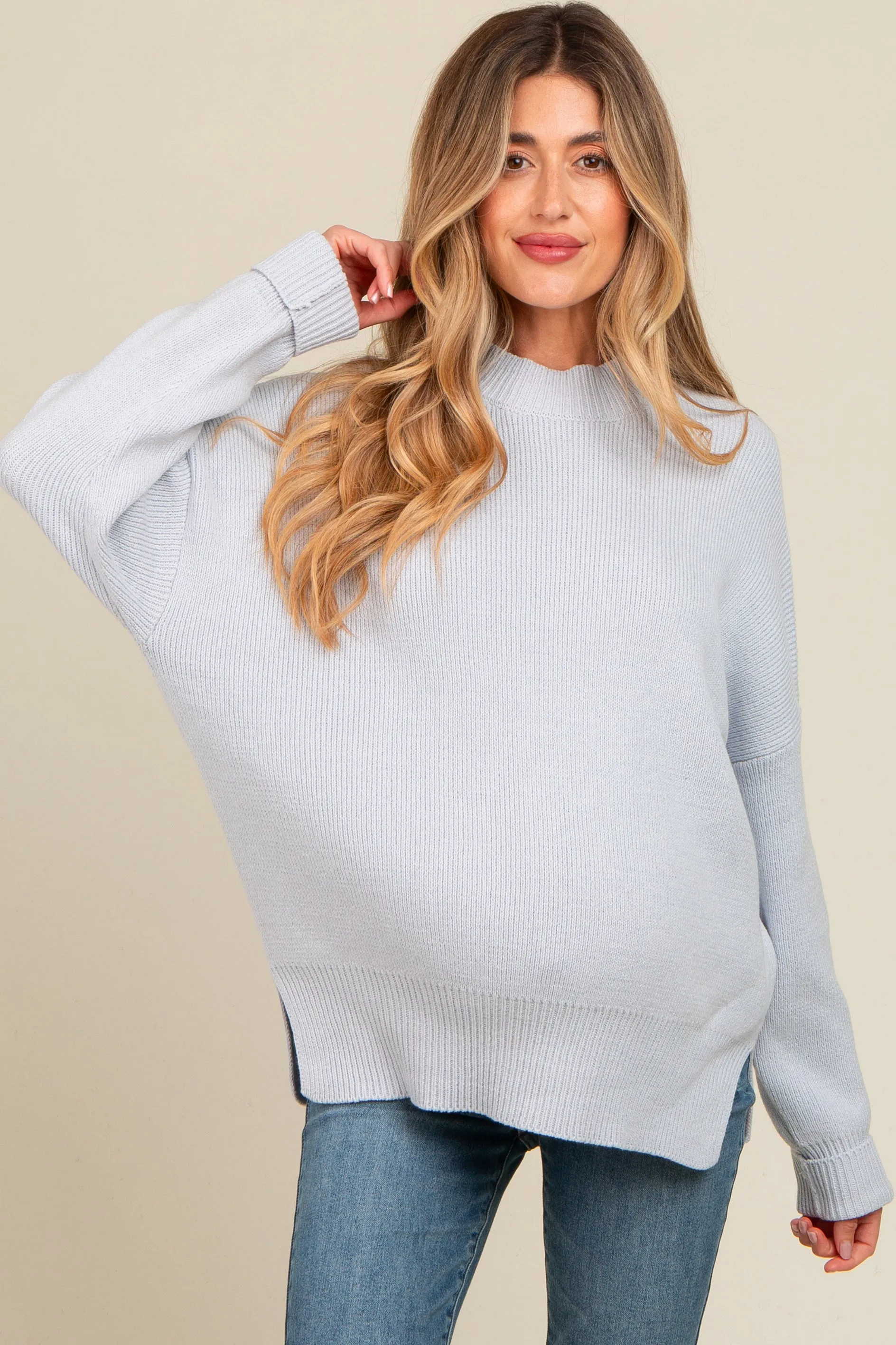 Light Blue Mock Neck Basic Maternity Sweater sold by Pinkblush