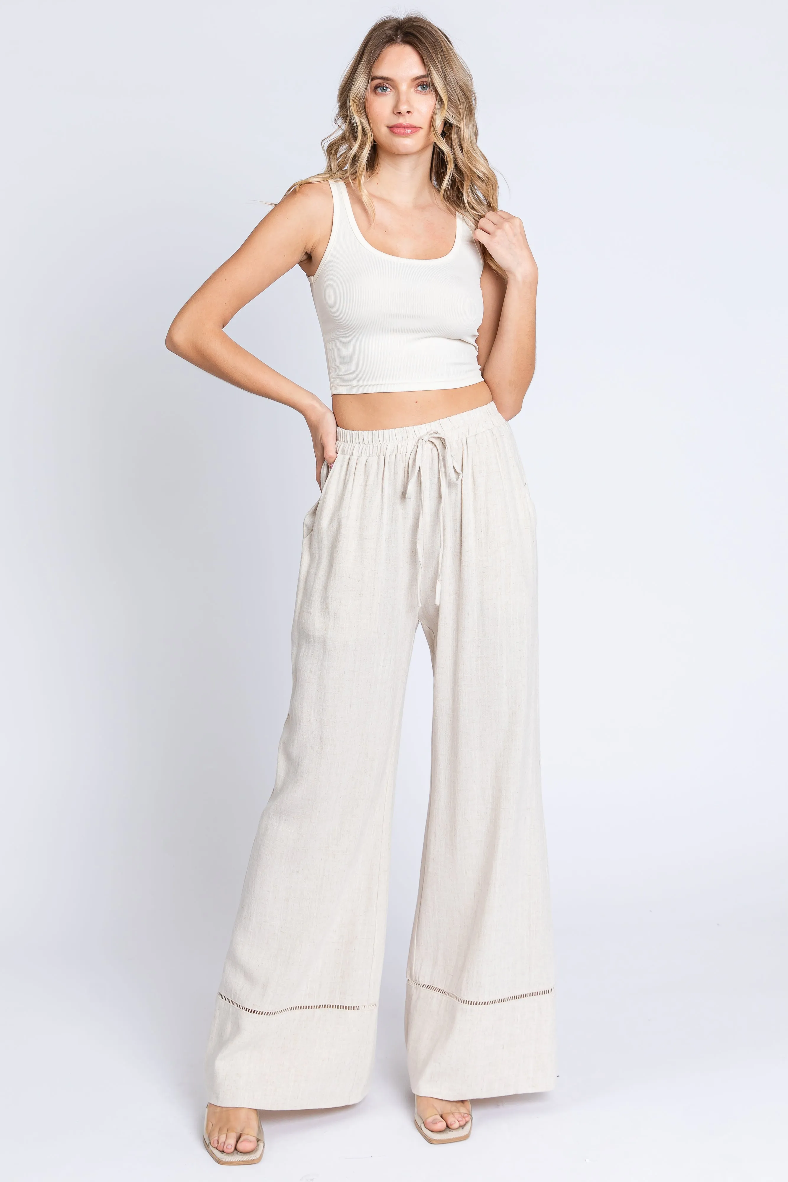 Beige Linen Wide Leg Lace Trim Maternity Pants sold by Pinkblush product image thumbnail 5