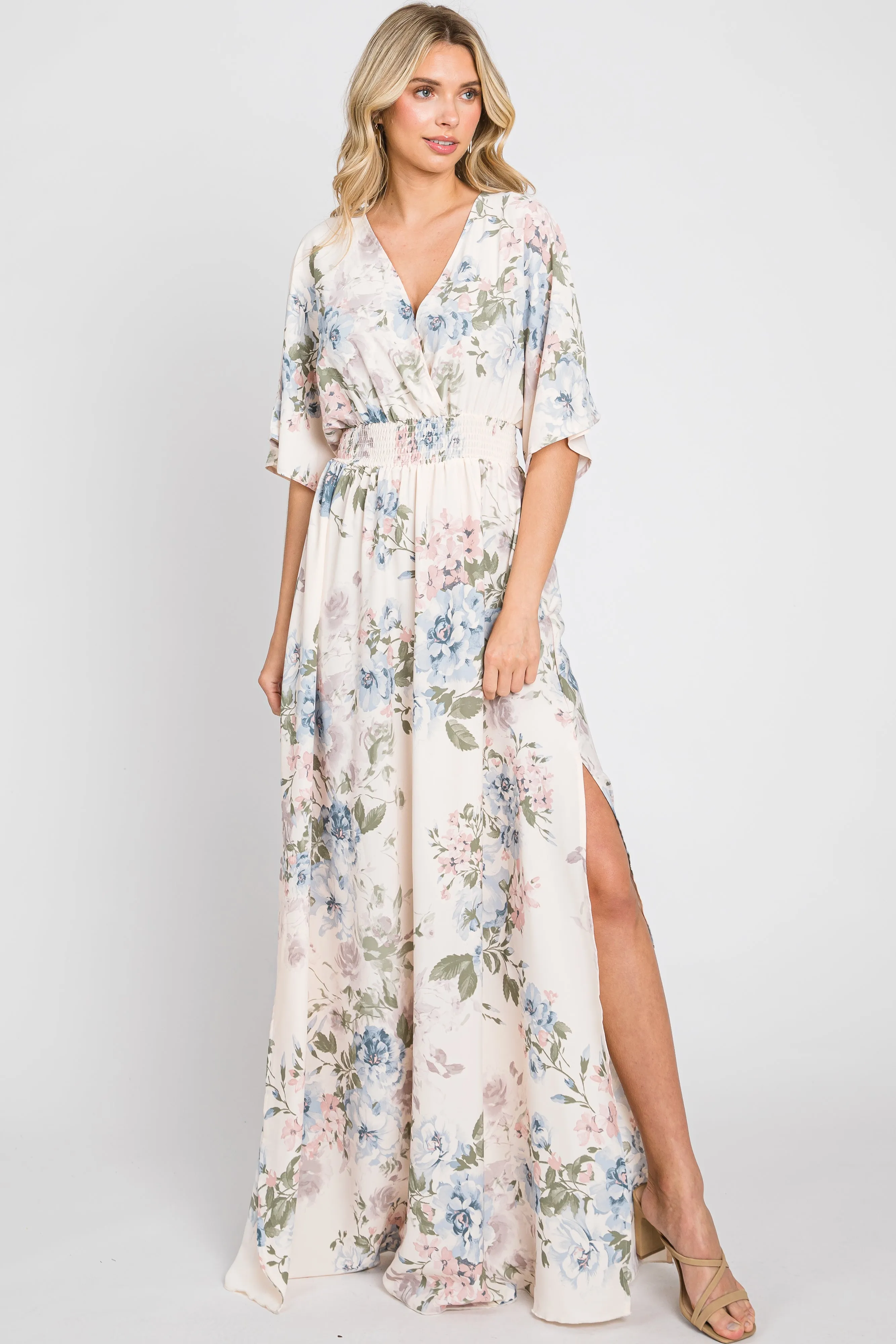 Pink Double V-Neck Dolman Short Sleeve Side Slit Maxi Dress sold by Pinkblush