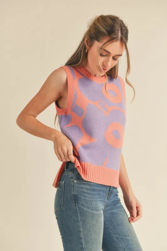Coral Lavender Abstract Floral Knit Sweater Vest sold by Pinkblush